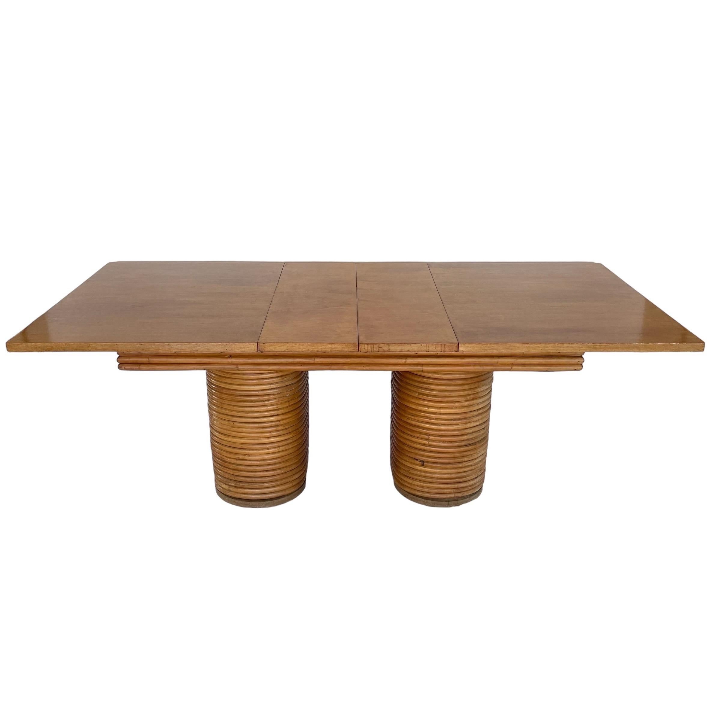 Paul Frankl Style Stacked Rattan Double Pedestal Extension Dining Table, 1940s For Sale 1