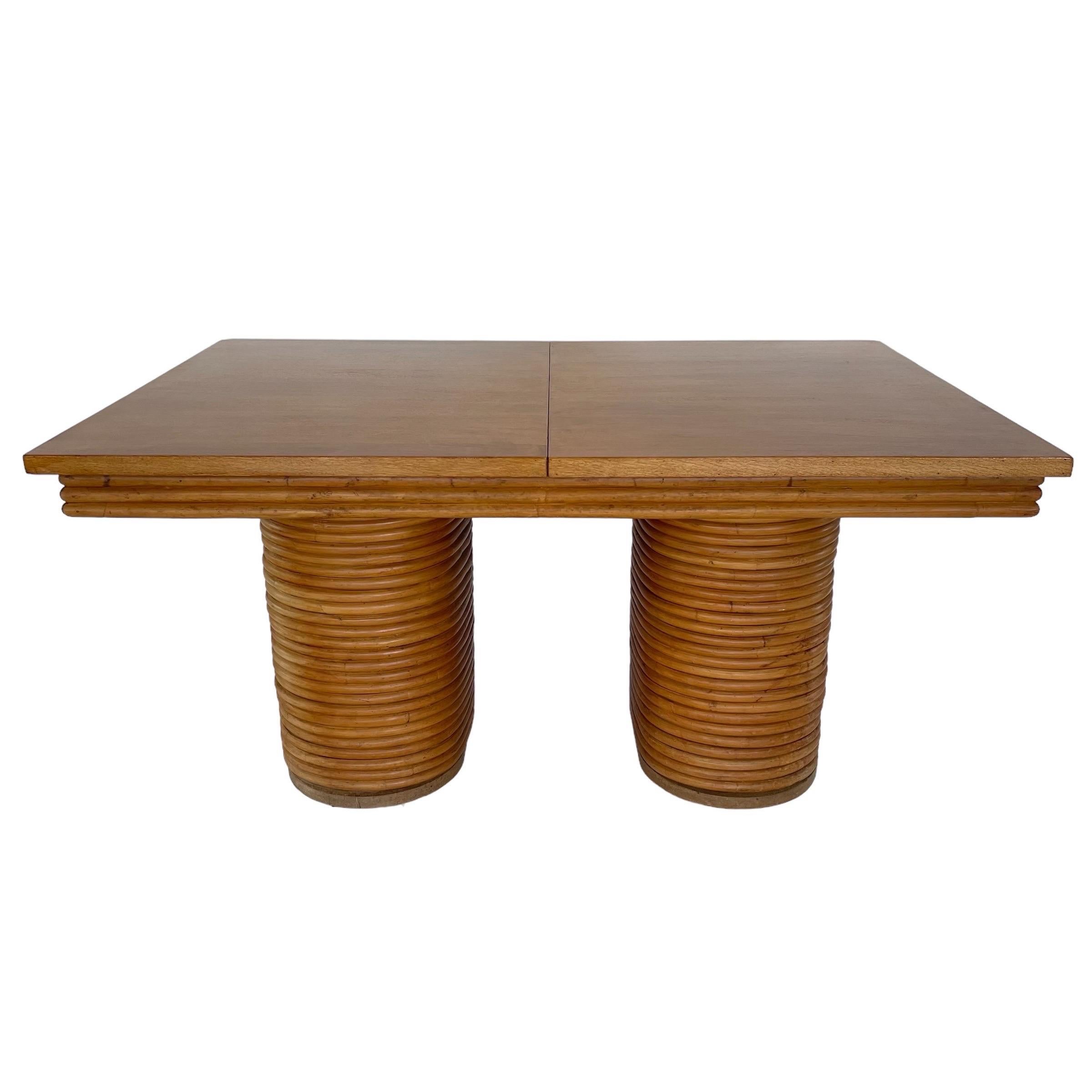 Paul Frankl Style Stacked Rattan Double Pedestal Extension Dining Table, 1940s For Sale