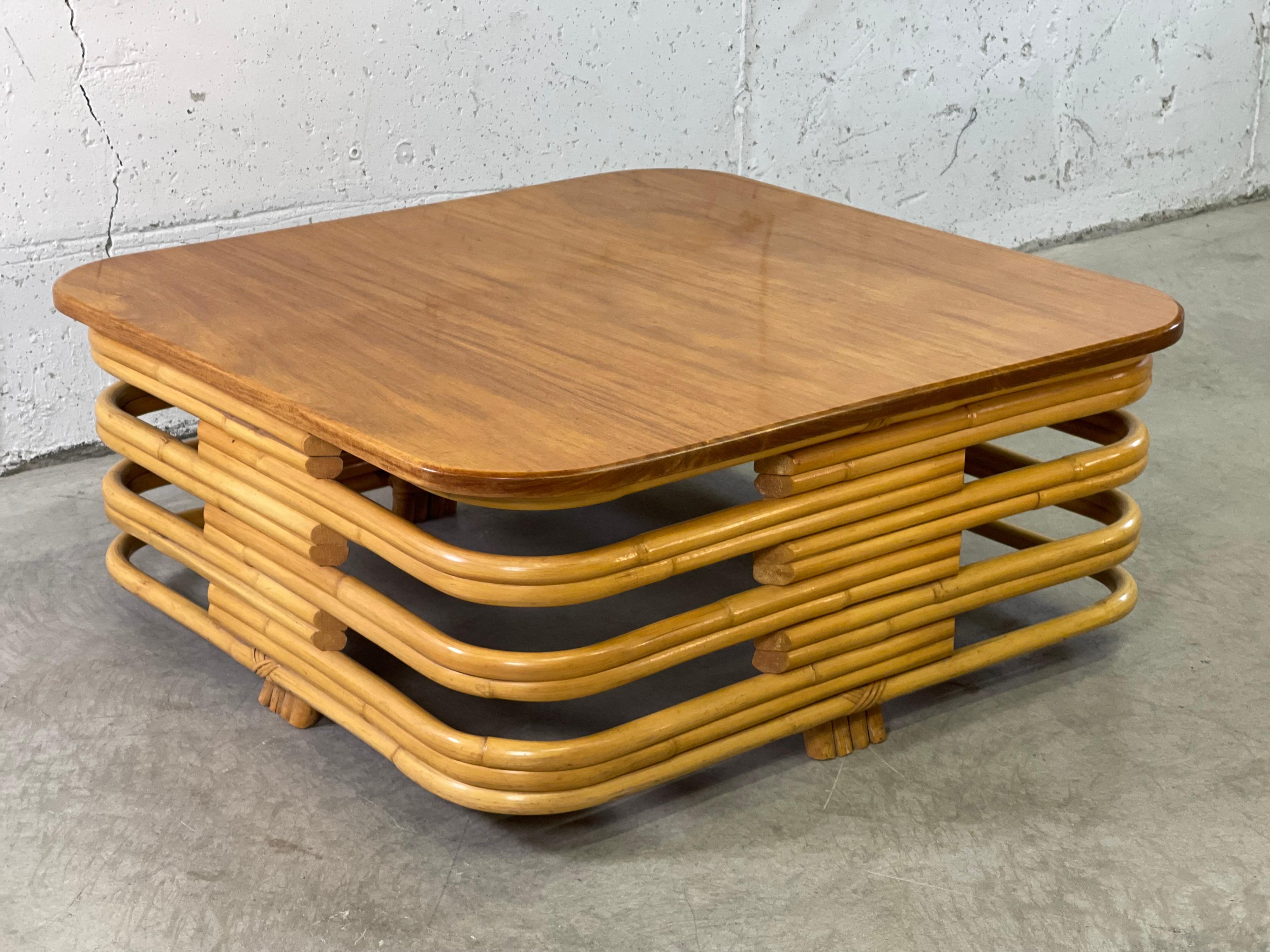 Mid-Century Modern Paul Frankl Style Stacked Rattan Mahogany Top Coffee Table For Sale