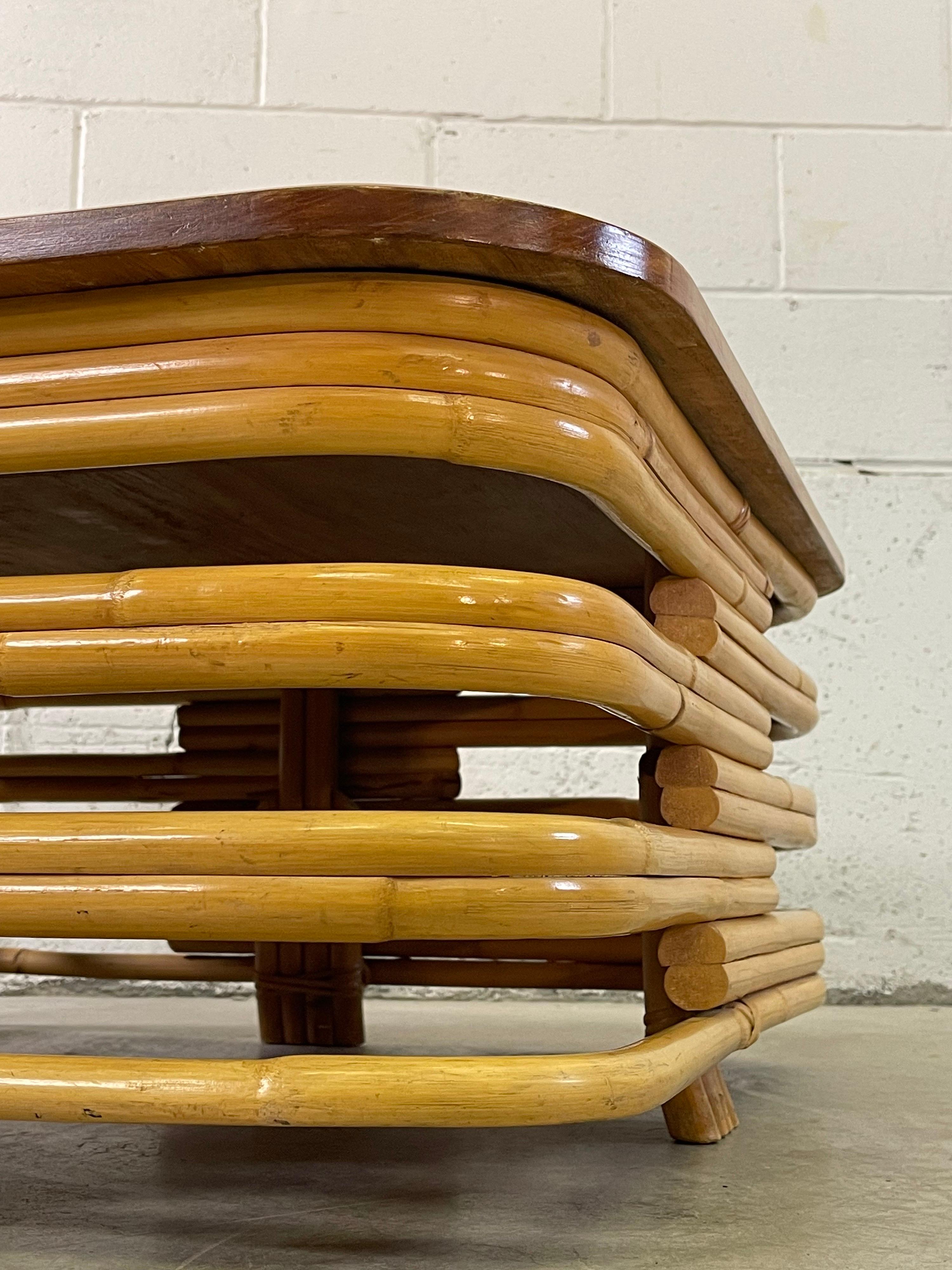 Paul Frankl Style Stacked Rattan Mahogany Top Coffee Table In Good Condition For Sale In Amherst, NH