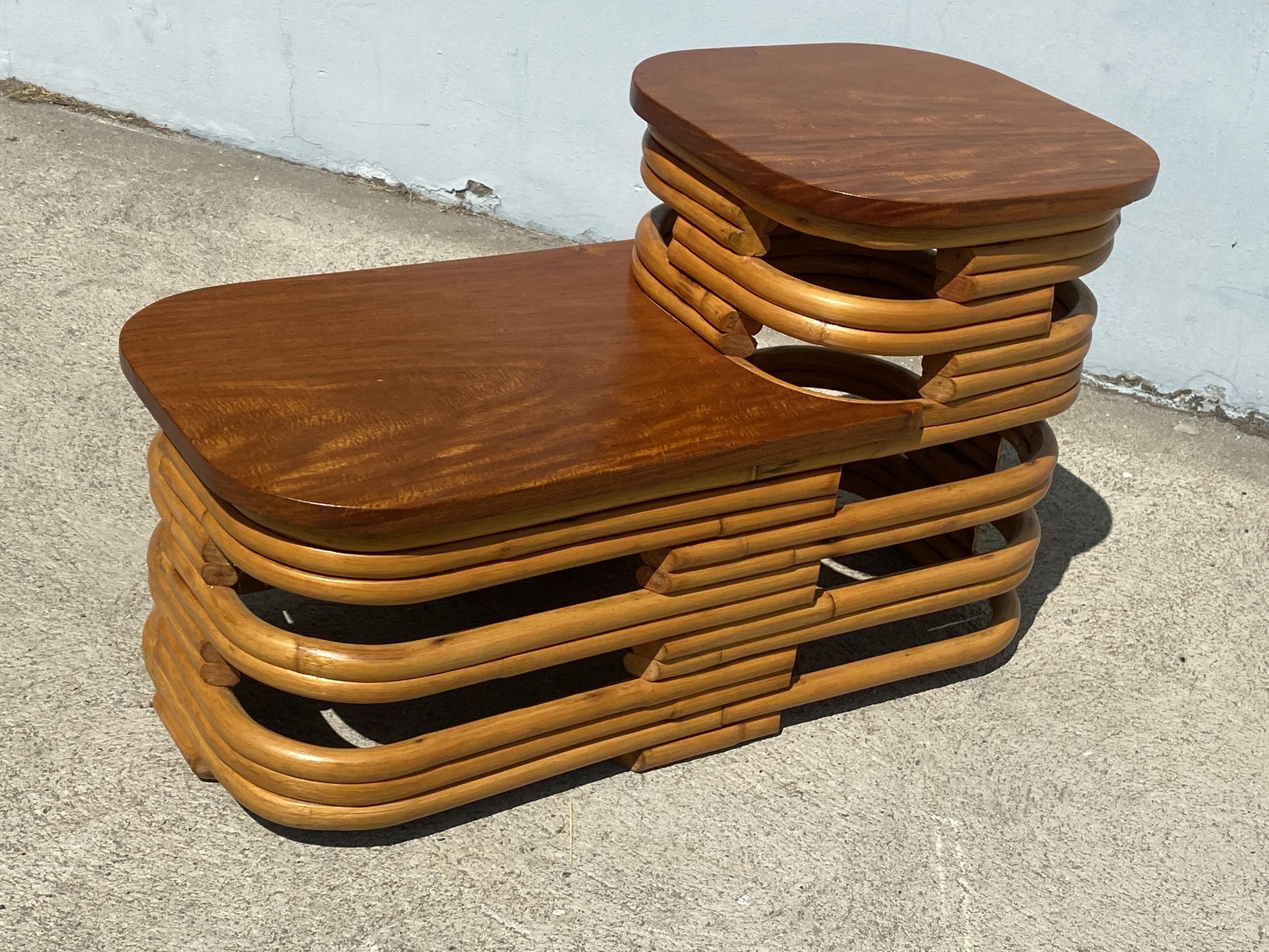 American Paul Frankl Style Stacked Rattan Side Table with Cut Outs, Pair
