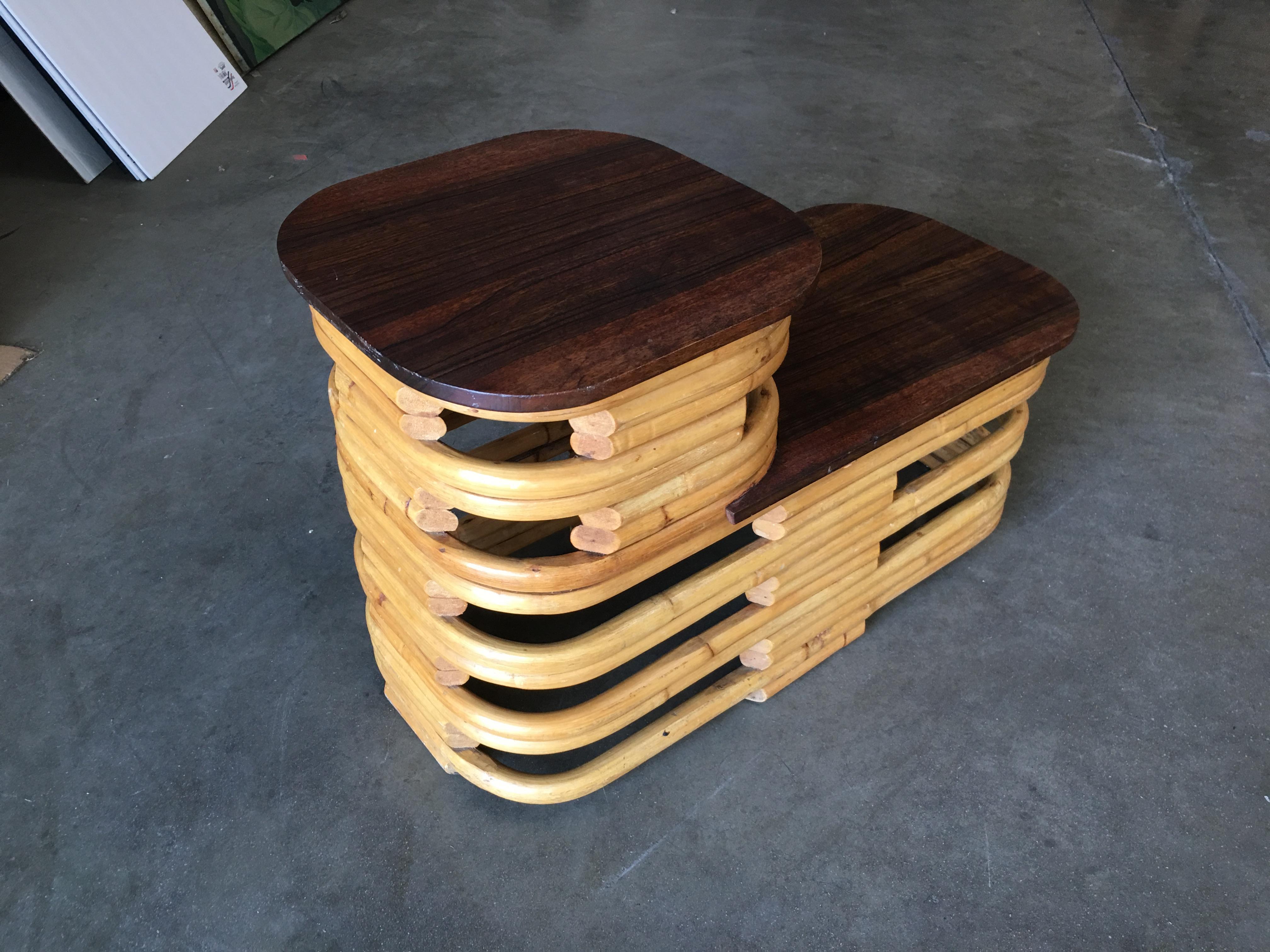 Paul Frankl Style Stacked Rattan Side Table with Cut Outs, Pair In Excellent Condition In Van Nuys, CA