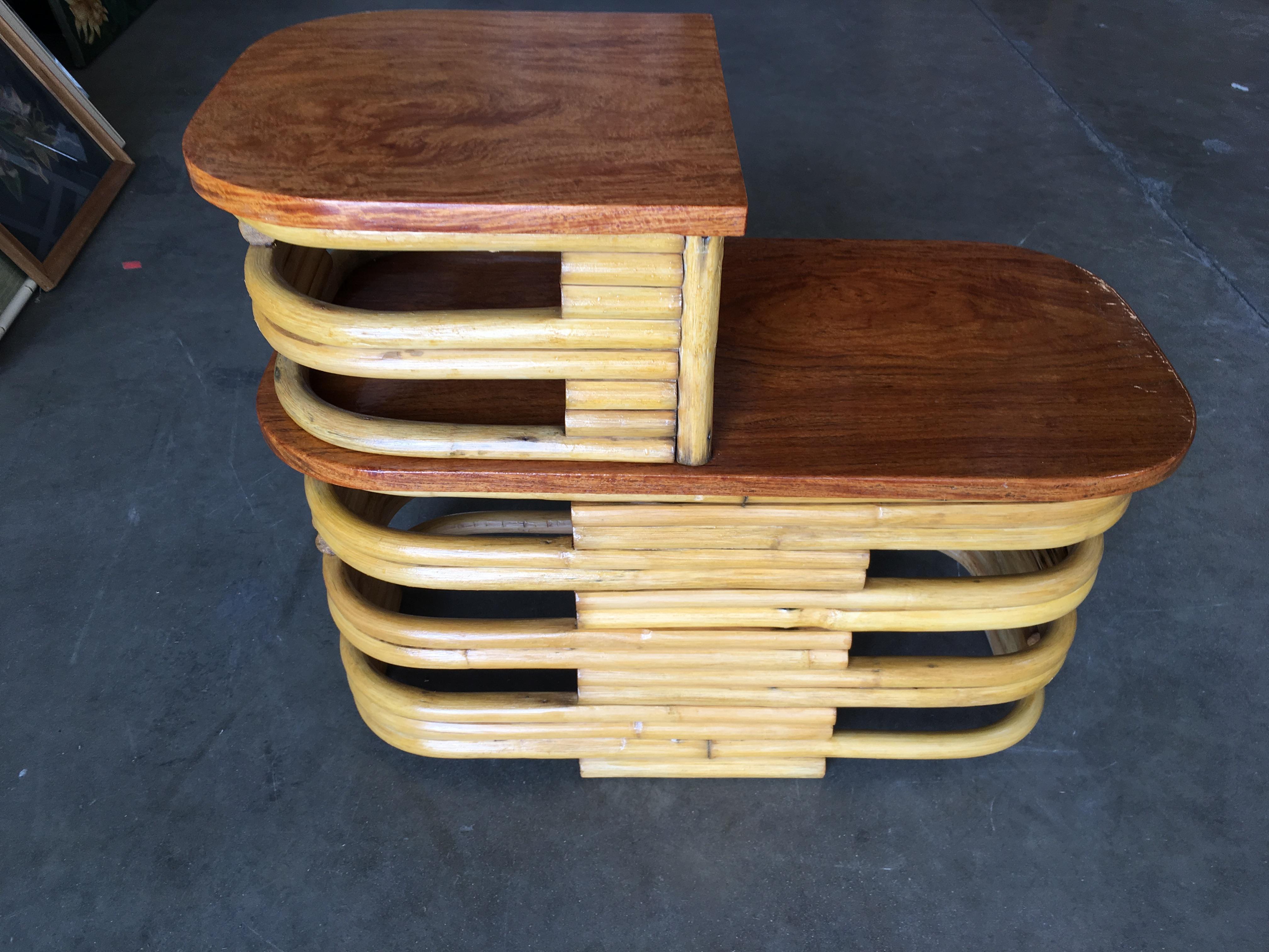 Mid Century Stacked Rattan Side Table with Cut Outs, Pair In Excellent Condition In Van Nuys, CA