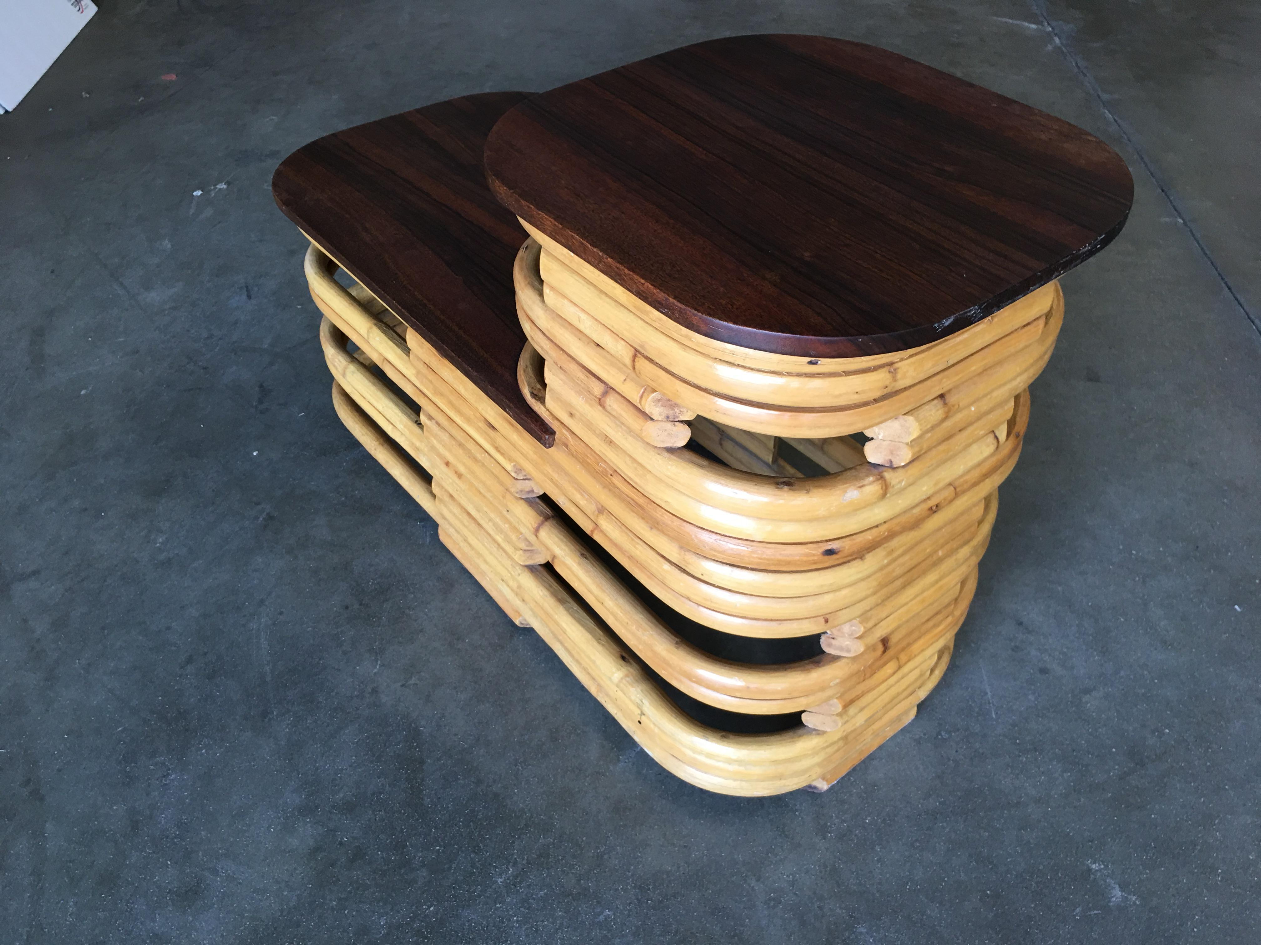 Mid-20th Century Paul Frankl Style Stacked Rattan Side Table with Cut Outs, Pair