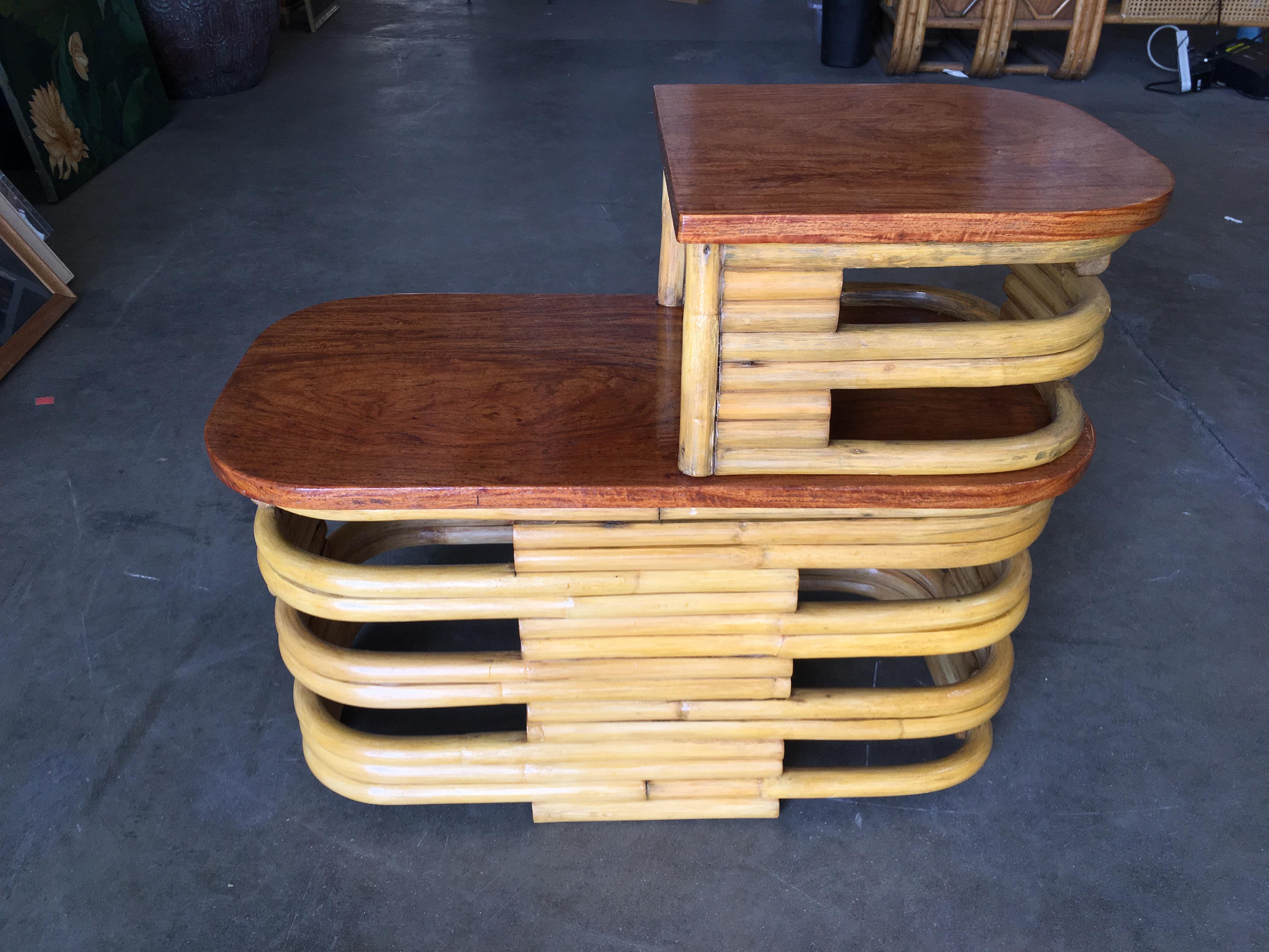 Mid Century Stacked Rattan Side Table with Cut Outs, Pair 3