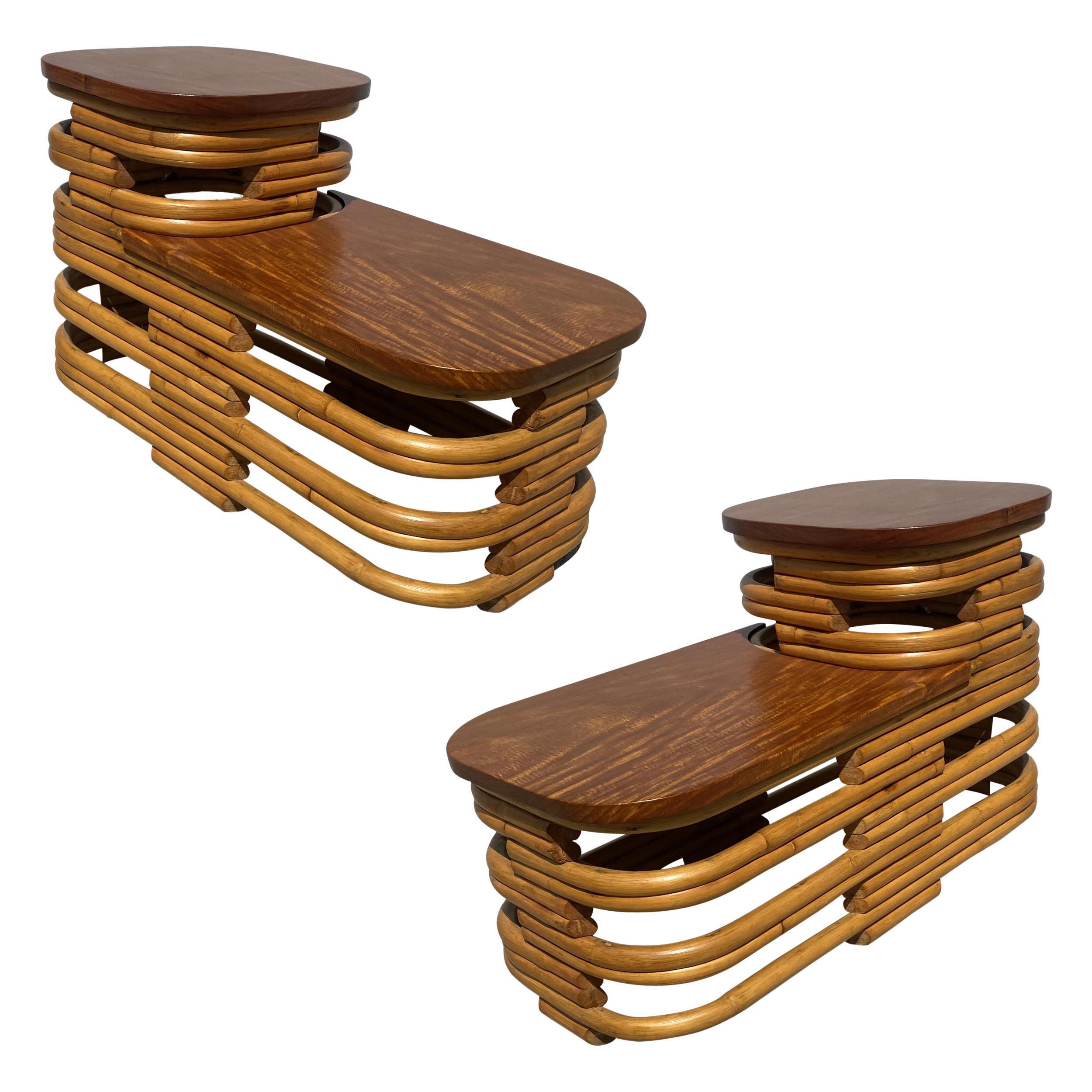 Paul Frankl Style Stacked Rattan Side Table with Cut Outs, Pair