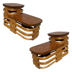 Paul Frankl Style Stacked Rattan Side Table with Cut Outs, Pair