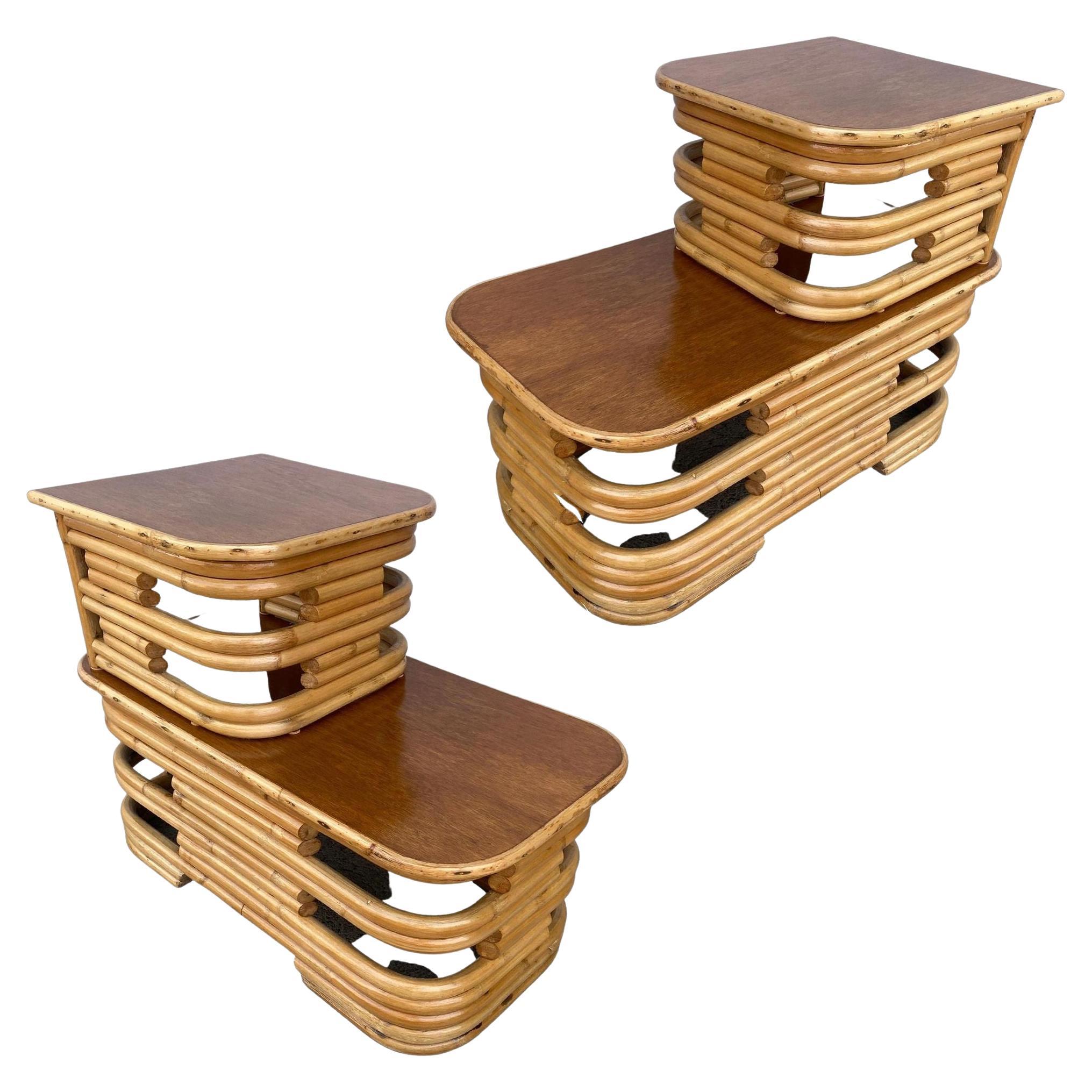 Paul Frankl Style Stacked Rattan Side Table with Cut Outs, Pair For ...