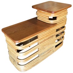 Paul Frankl-Style Stacked Rattan Side Table with Two-Tier Mahogany Tops