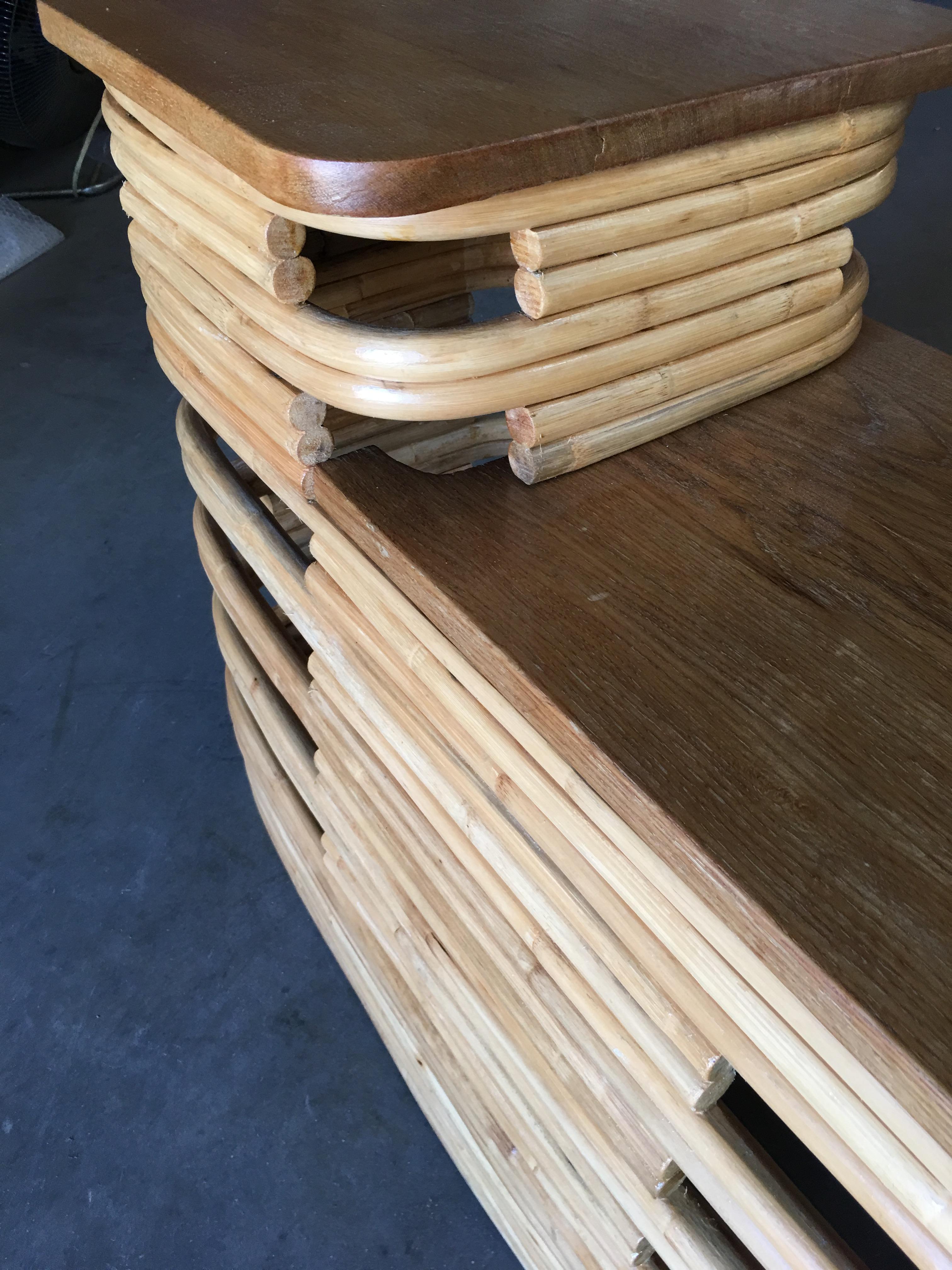 Paul Frankl-Style Stacked Rattan Side Tables with Mahogany Top, Pair, circa 1930 For Sale 5