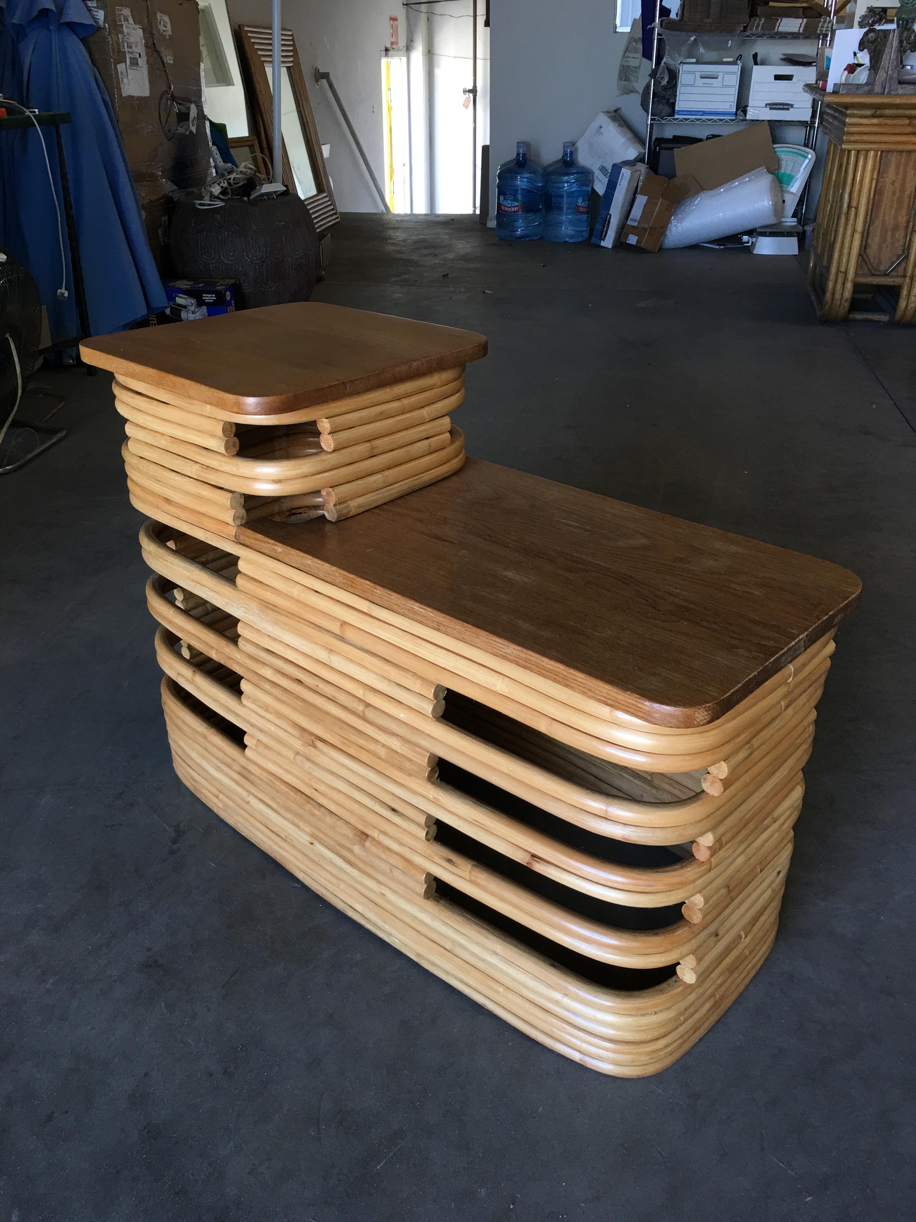 Paul Frankl-Style Stacked Rattan Side Tables with Mahogany Top, Pair, circa 1930 In Excellent Condition For Sale In Van Nuys, CA