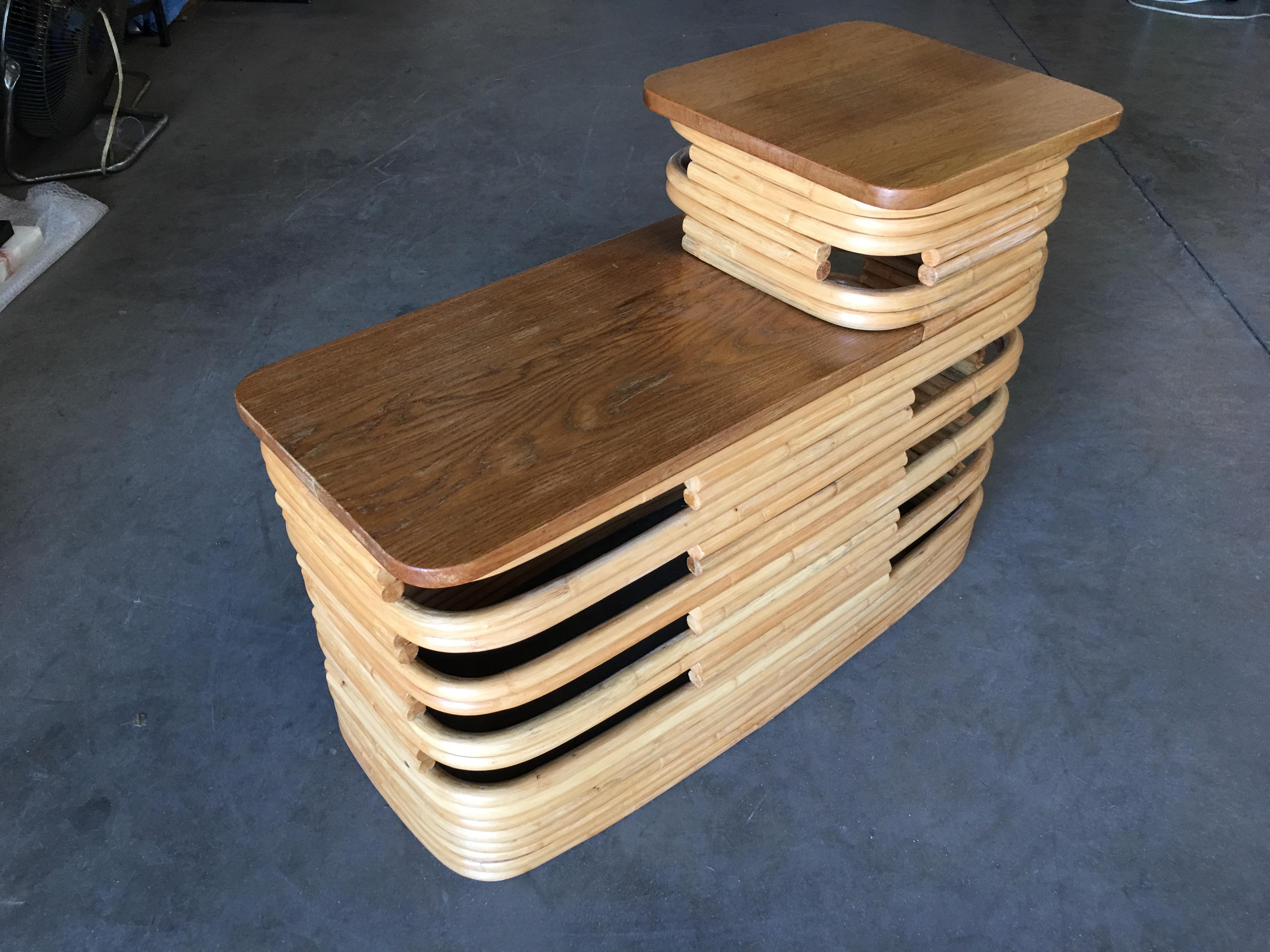 Paul Frankl-Style Stacked Rattan Side Tables with Mahogany Top, Pair, circa 1930 For Sale 1