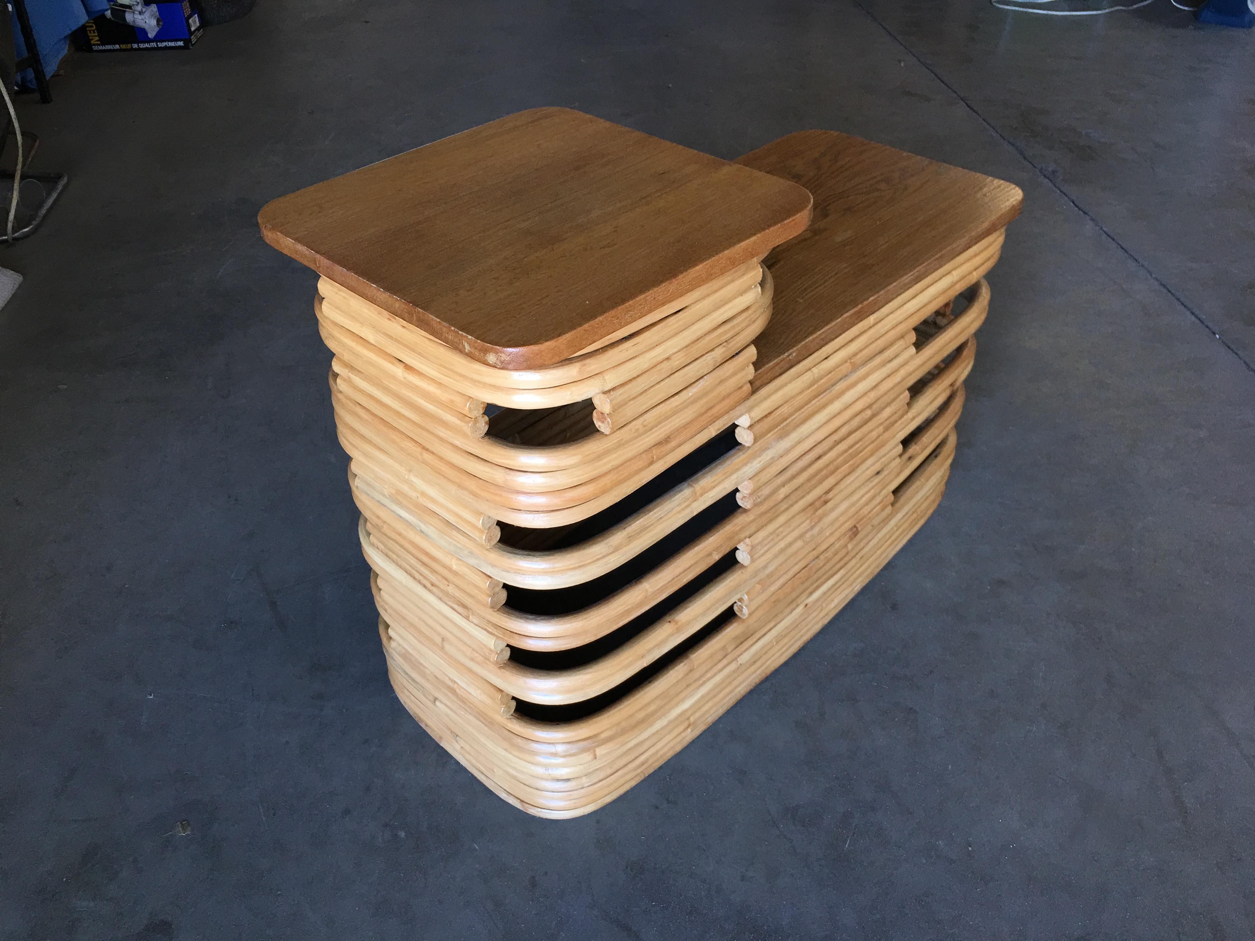 Paul Frankl-Style Stacked Rattan Side Tables with Mahogany Top, Pair, circa 1930 For Sale 2