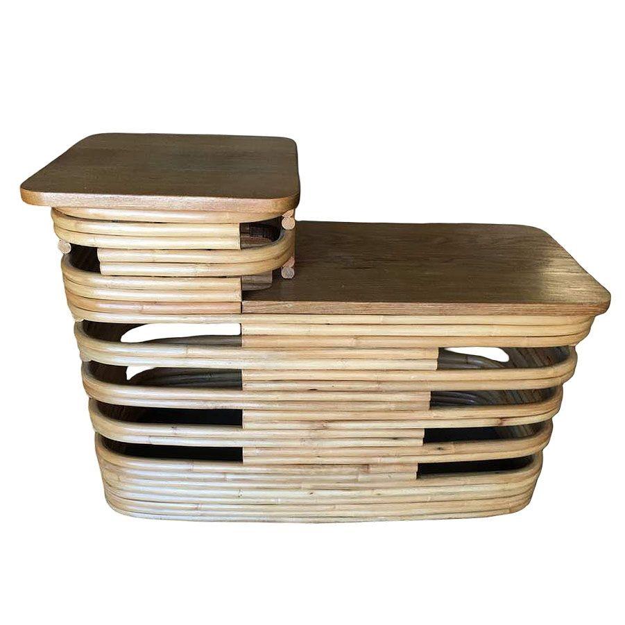 Mid-20th Century Paul Frankl-Style Stacked Rattan Side Tables with Mahogany Top, Pair, circa 1930 For Sale