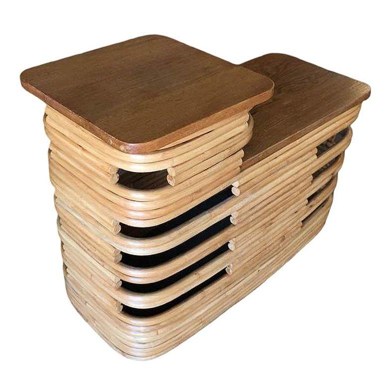 Paul Frankl-Style Stacked Rattan Side Tables with Mahogany Top, Pair, circa 1930 For Sale 1