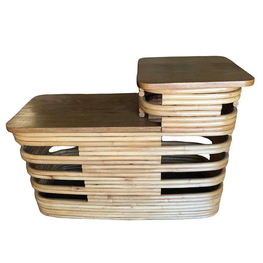 Paul Frankl-Style Stacked Rattan Side Tables with Mahogany Top, Pair, circa 1930 For Sale 2
