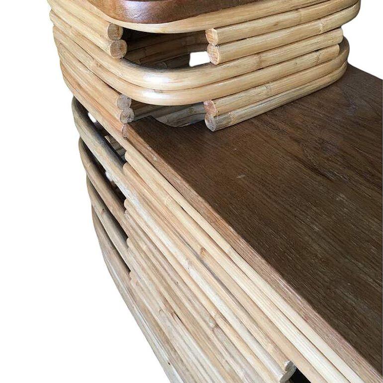 Paul Frankl-Style Stacked Rattan Side Tables with Mahogany Top, Pair, circa 1930 For Sale 3