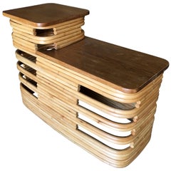 Paul Frankl-Style Stacked Rattan Side Tables with Mahogany Top, Pair, circa 1930