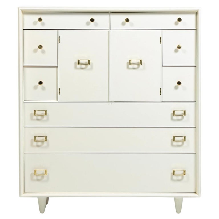 Paul Frankl Tall Chest in White Chocolate Lacquer with Brass Hardware c.  1950s For Sale at 1stDibs
