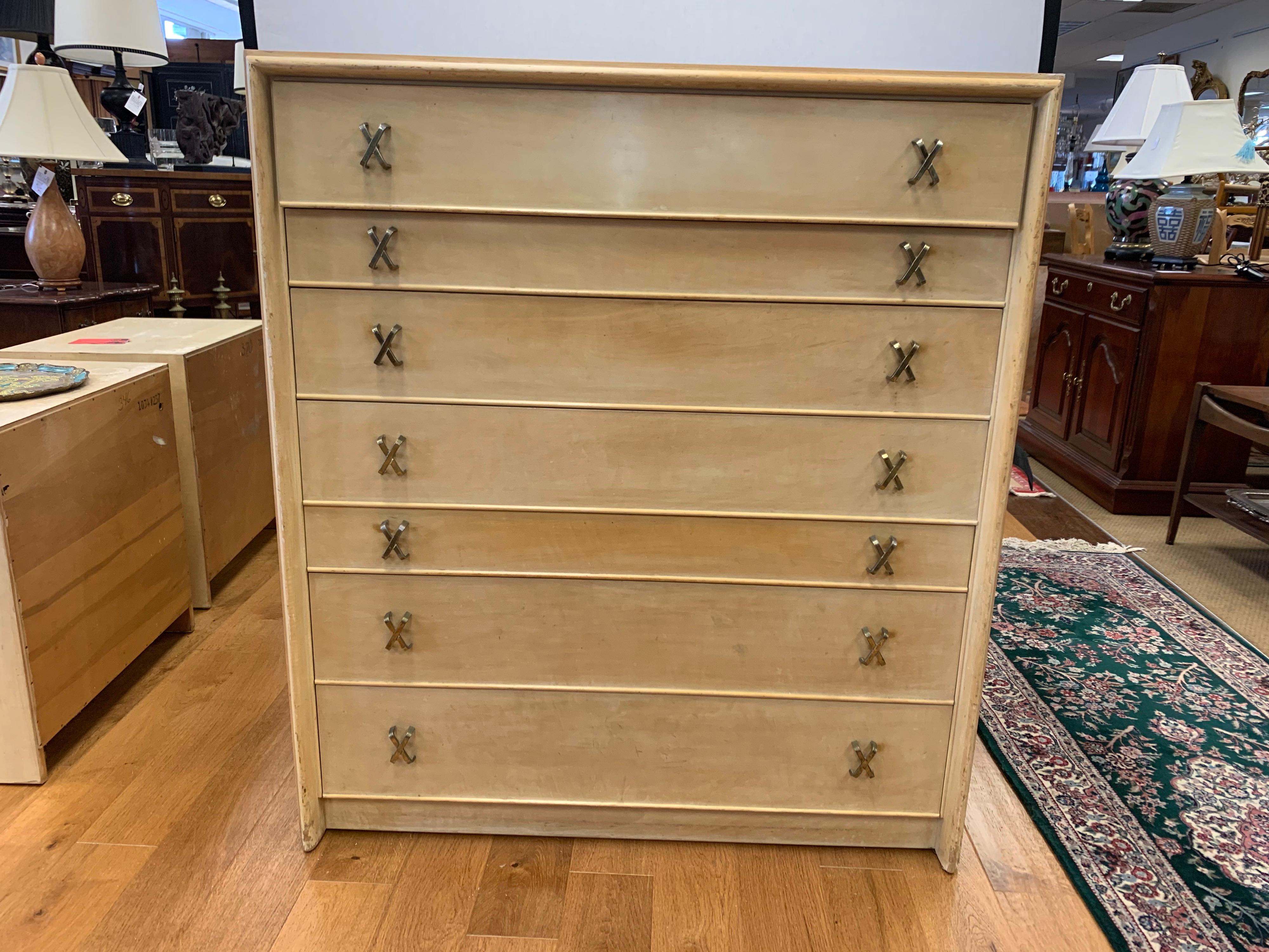 Paul Frankl Tall Dresser High Chest of Drawers with X-Pulls In Fair Condition In West Hartford, CT