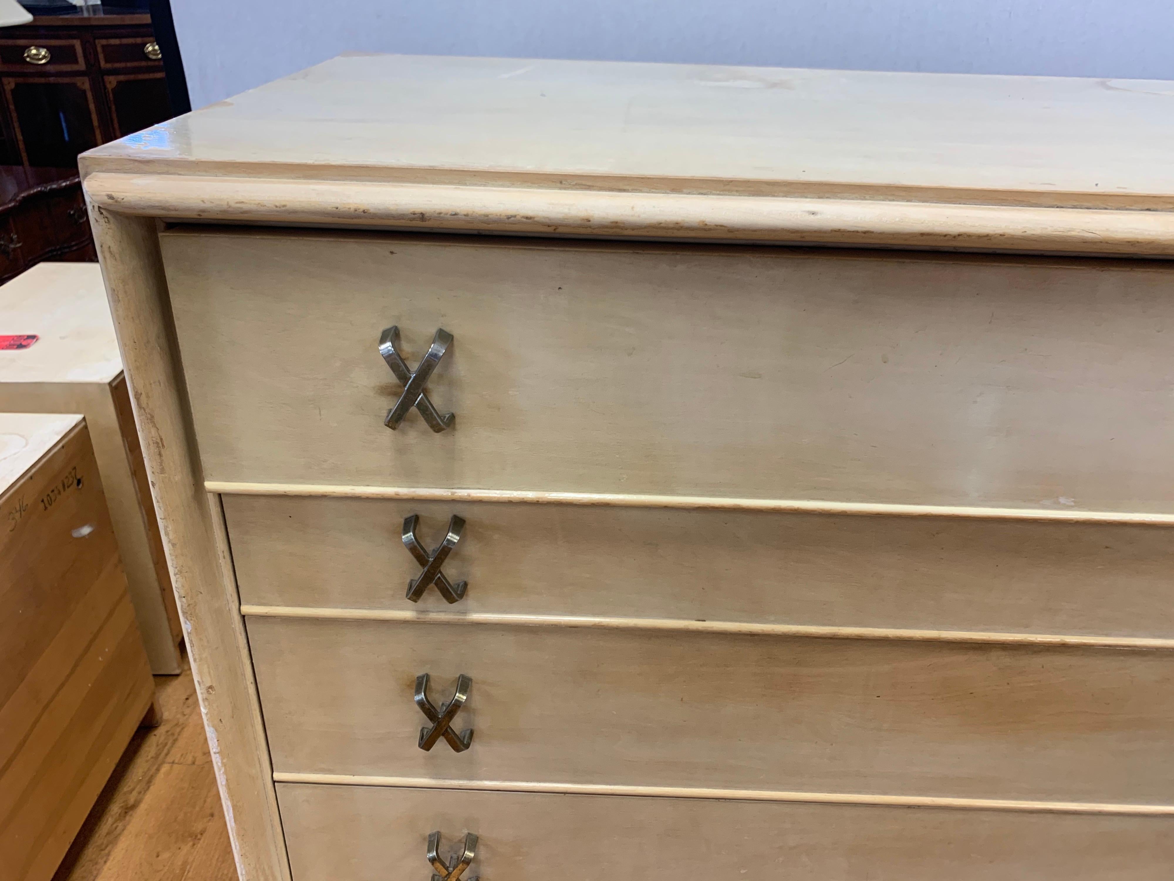 Brass Paul Frankl Tall Dresser High Chest of Drawers with X-Pulls