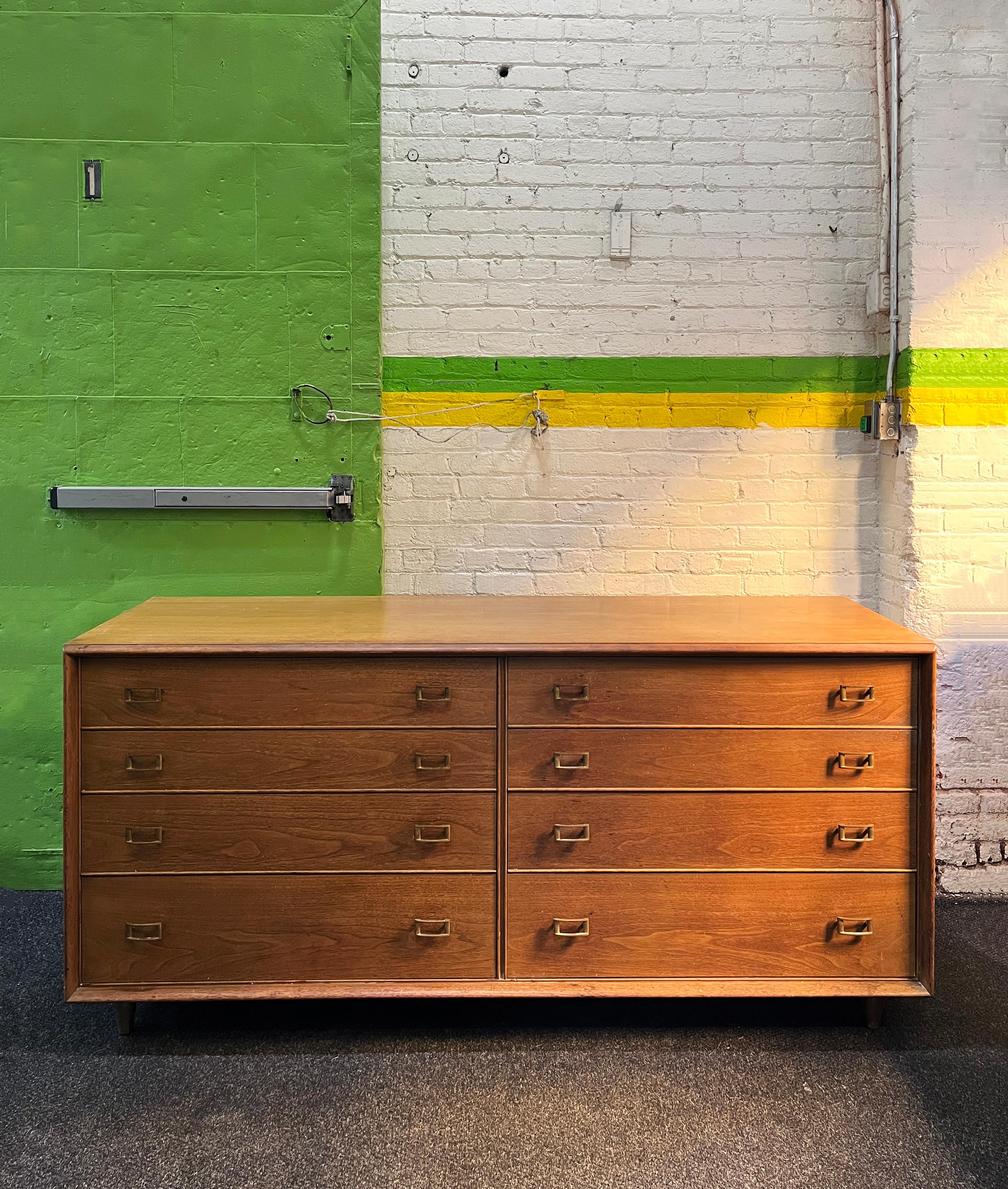 Mid-Century Modern Paul Frankl Walnut Dresser with Brass Buckle Pulls and Feet 1950s 'Signed' For Sale