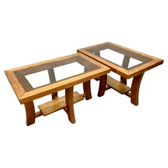 Pareja de 2 mesas auxiliares de madera y cristal Paul Frankl