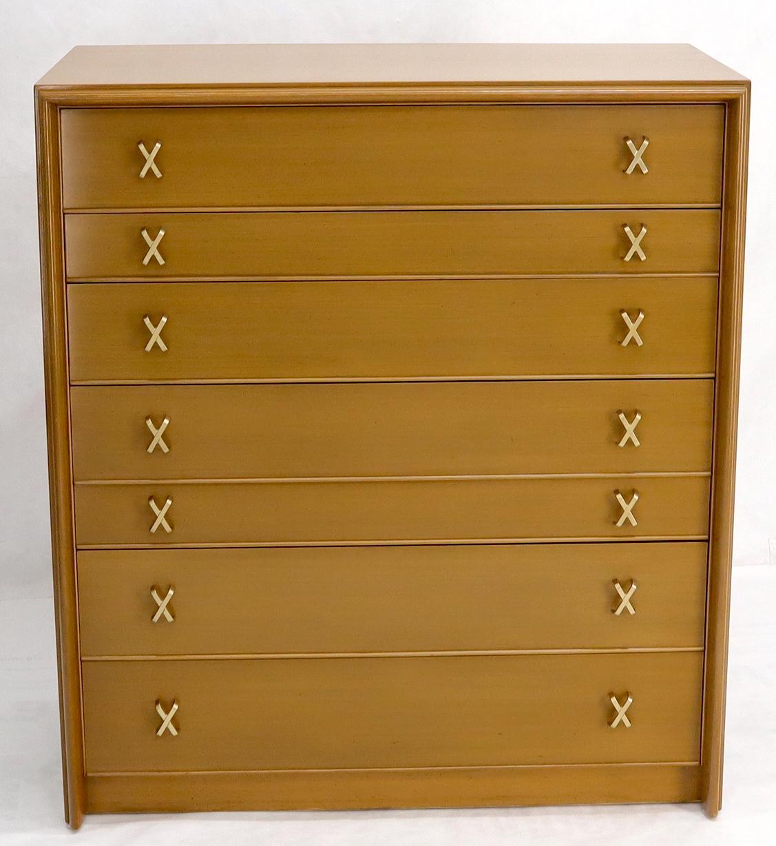 Mid-Century Modern seven drawer with brass X-Pulls high chest dresser by Paul Frankl for Johnson Furniture.