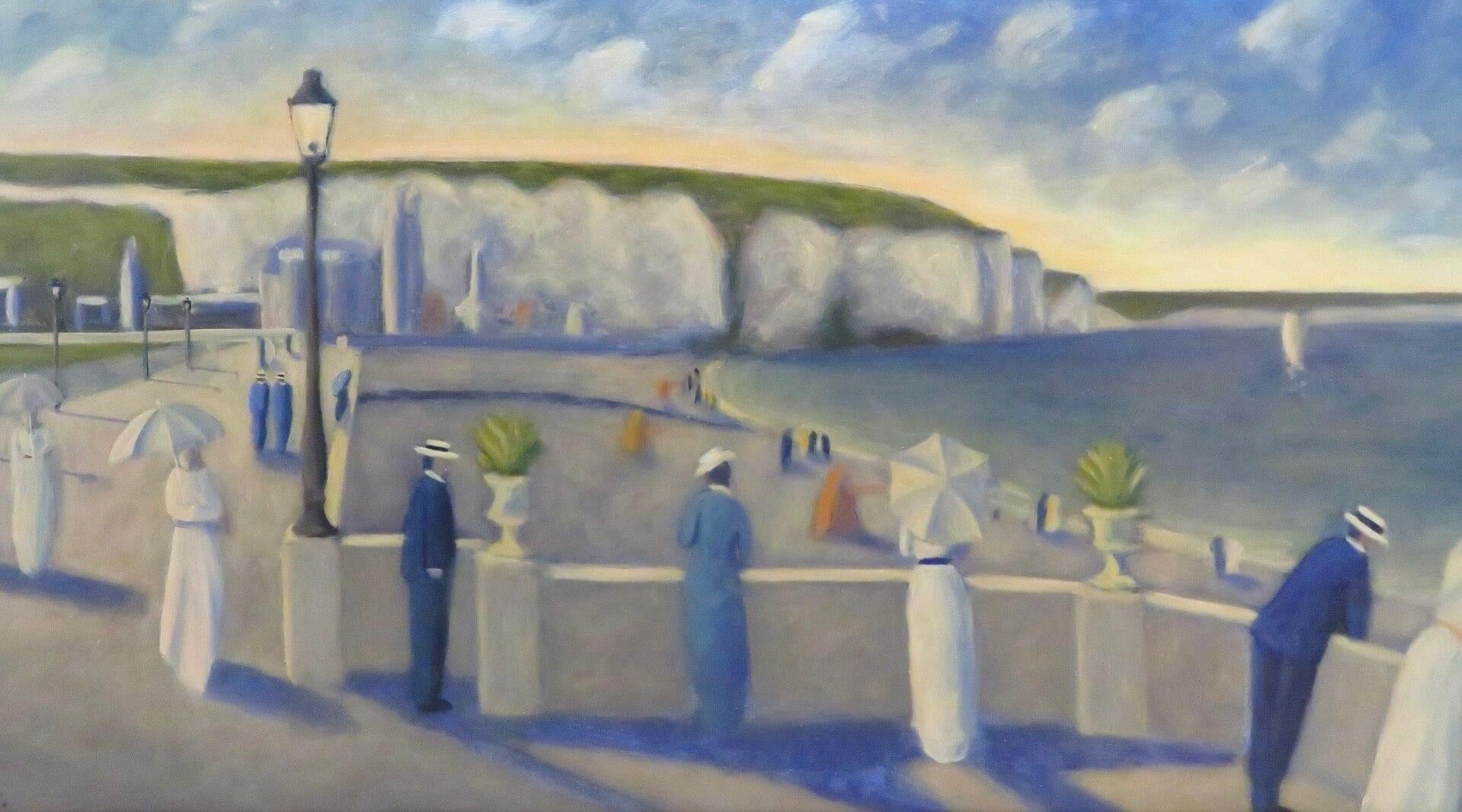 (1958-) Peinture à l'huile originale du moderniste français - Scène de promenade en bord de mer  - Painting de Paul Frans 