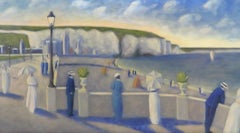 (1958-) French Modernist original oil painting French Seaside Promenade Scene
