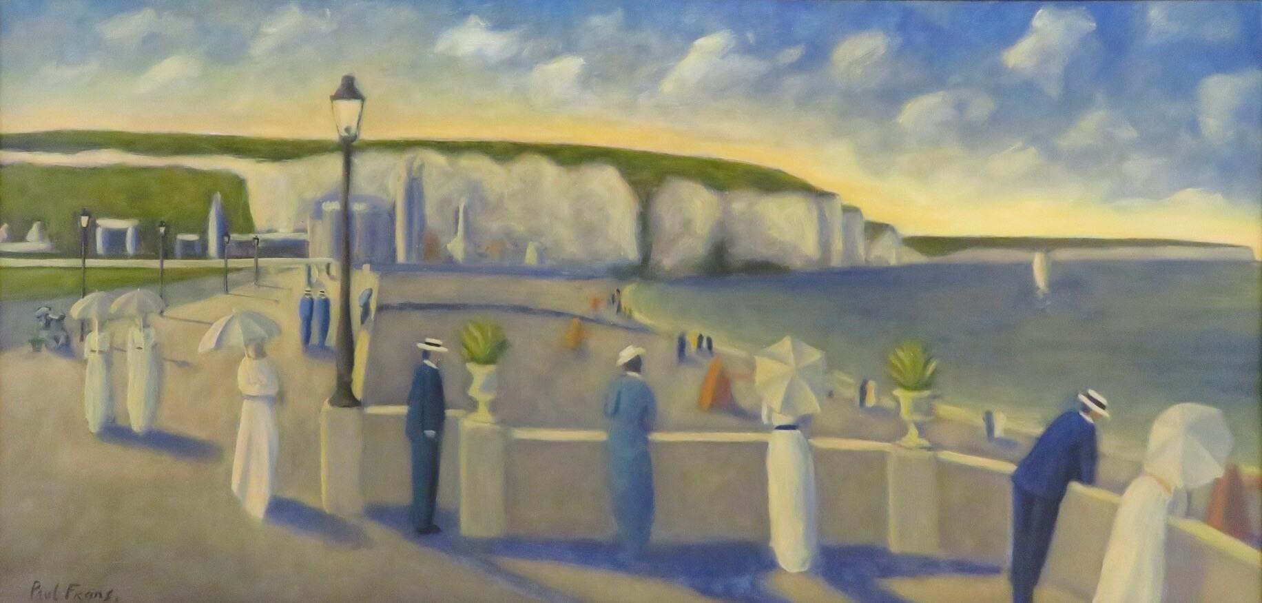 (1958-) Peinture à l'huile originale du moderniste français - Scène de promenade en bord de mer  - Marron Landscape Painting par Paul Frans 