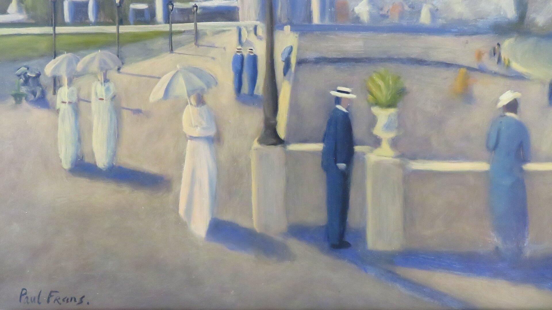 ARTIST: Paul Frans (1958-) Belgium

TITLE: “French Promenade Scene” (probably Deaville)

SIGNED: lower left

MEDIUM: oil on canvas

SIZE: 75cm x 50cm inc frame

CONDITION: excellent

DETAIL: Frans was born in Belgium in 1958, he later moved to