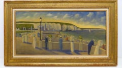 Vintage (1958-) French Modernist original oil painting French Seaside Promenade Scene 
