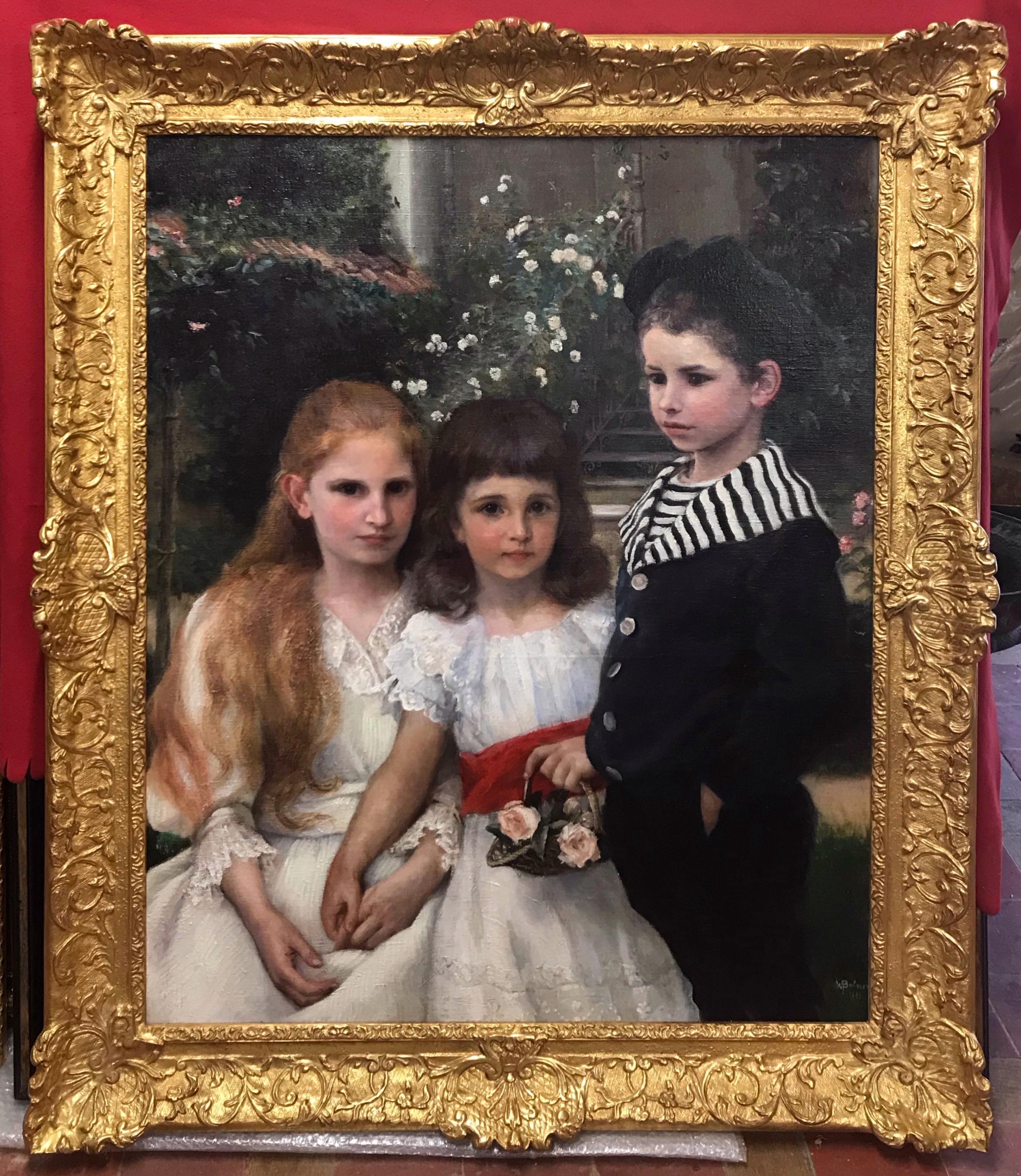 Paul Friedrich Wilhelm Balmer Portrait Painting - Portrait of Three Children in the Garden- original painting 19th Century