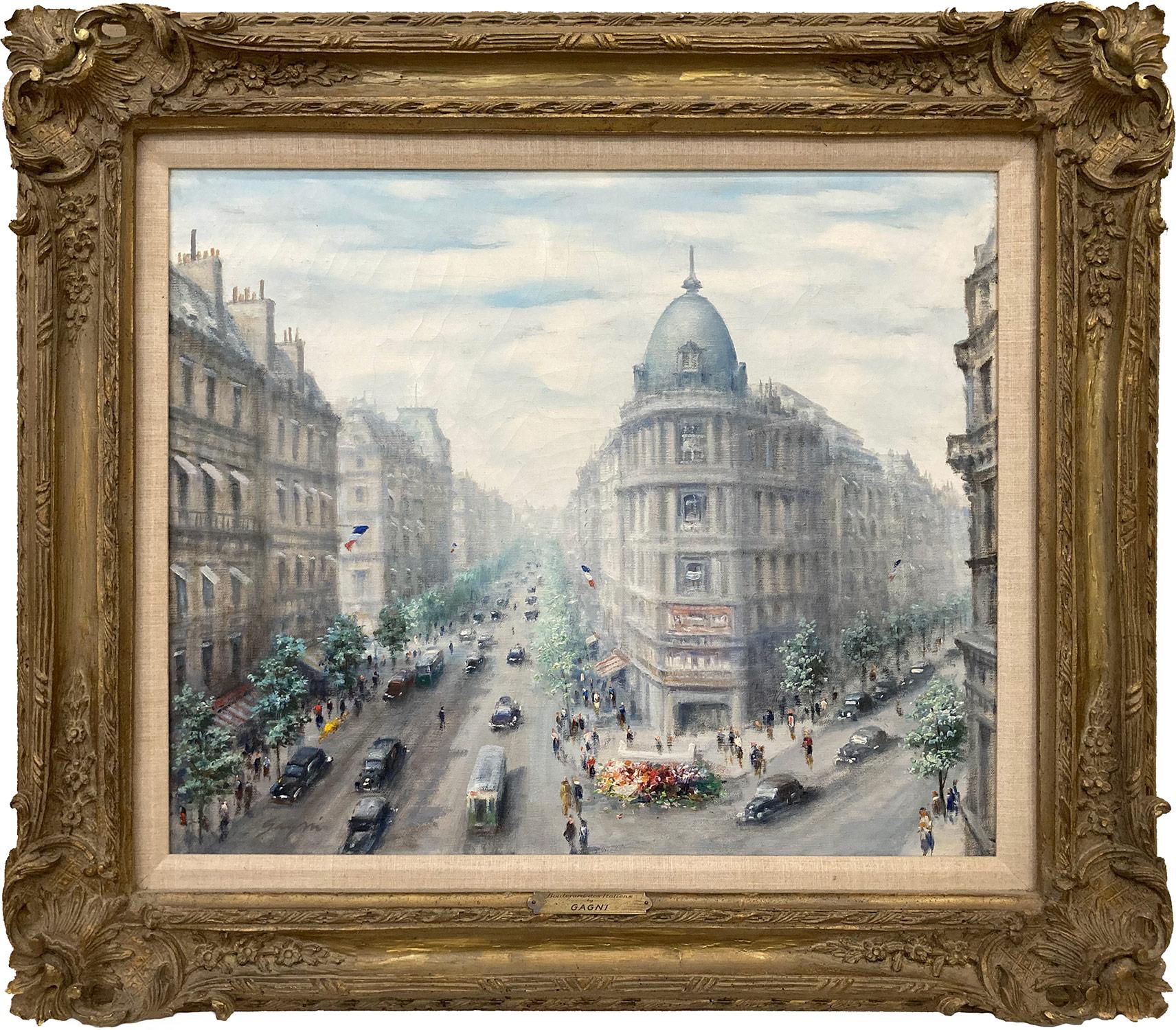 Figurative Painting di Paul Gagni - "Boulevard des Italiens" Pittura a olio su tela di una città impressionista francese