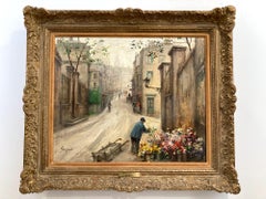 Französisches Ölgemälde auf Leinwand „Flower Vendor at Montmartre“, Pariser Stadt Scape
