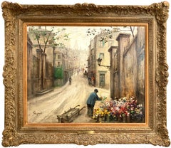 Antique "Flower Vendor at Montmartre" Parisian City Scape French Oil Painting on Canvas