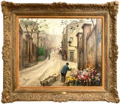 "Vendedor de flores en Montmartre" Paisaje urbano parisino Pintura al óleo francesa sobre lienzo
