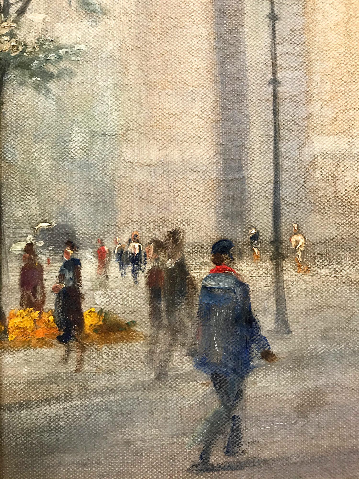 This piece is an exceptional impressionistic cityscape scene by Paul Gagni of 'L'Arc de Triomphe' in Paris. Wth flower vendors along the sidewalk, pedestrians, and cars, we are drawn into this wonderful Parisian scene effortlessly. This Paris scene
