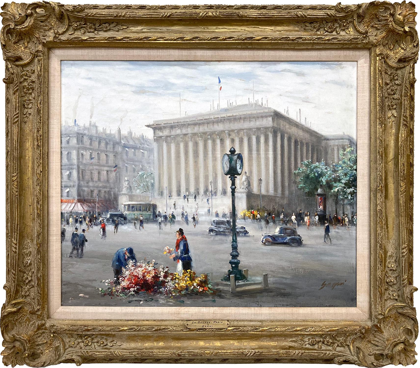 Figurative Painting de Paul Gagni - "La Bolsa, París" Pintura al óleo sobre lienzo, escena urbana impresionista francesa Enmarcada