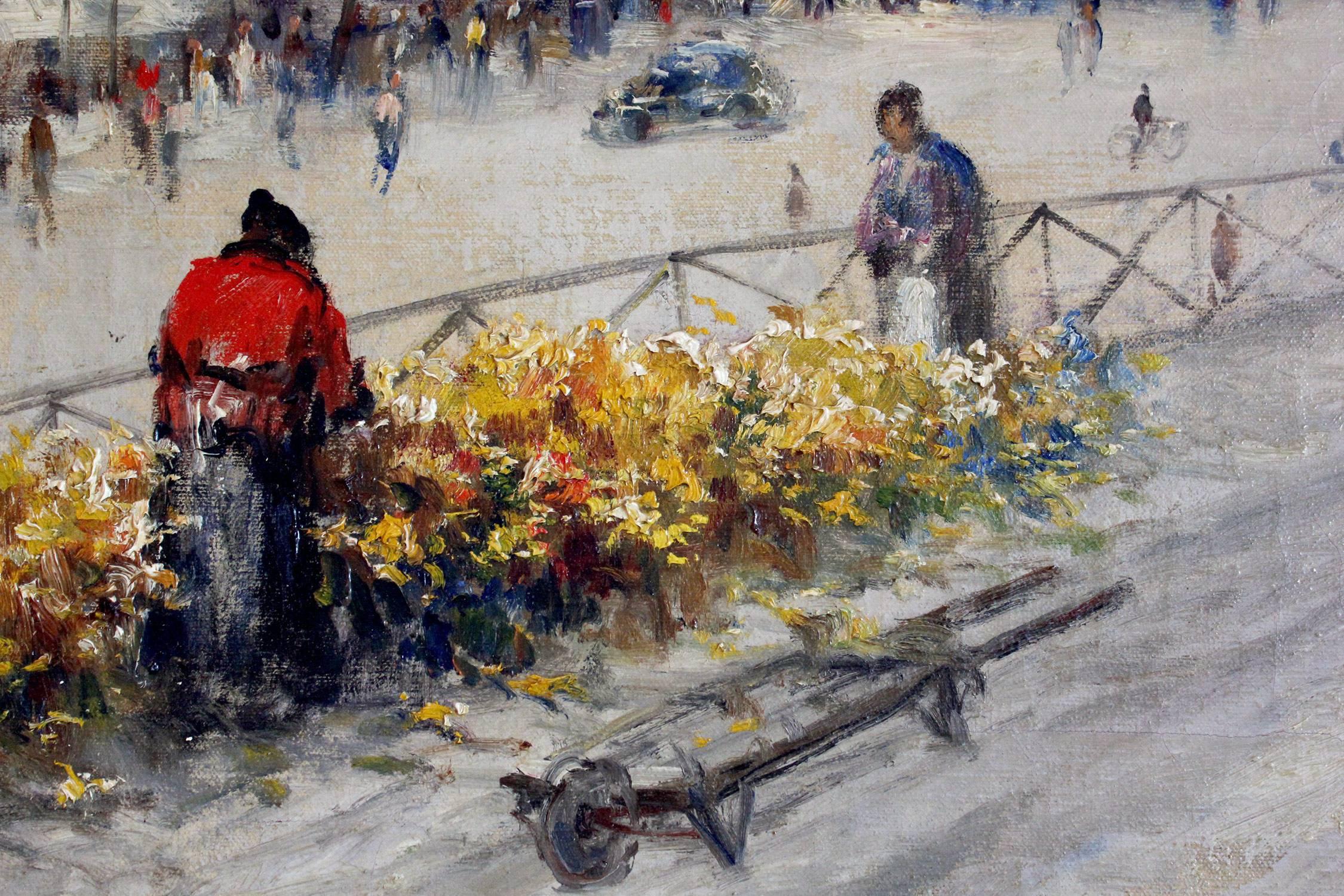 This piece is an exceptional impressionistic cityscape scene by Paul Gagni of flower vendors along the sidewalk, as pedestrians, bicycles, and cars stroll along the road. This Paris scene is depicted with soft brushwork and beautiful details. The