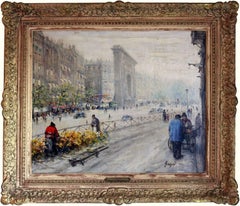"Porte St. Denis" Peinture à l'huile sur toile française du 20e siècle représentant une ville parisienne