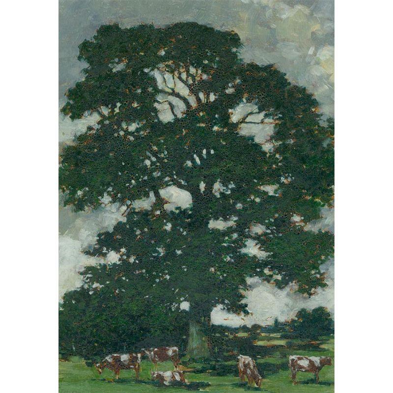 Gum Arabic has been carefully mixed with oil to increase the vibrancy in this pastoral landscape scene. Filling the majority of the canvas an old oak stands tall, offering shade to grazing short horned cattle. Signed to the lower left. The oil has