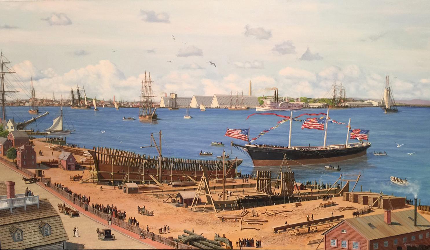Paul Garnett Landscape Painting - McKay's Ship Yard- The Launching of Clippership "Flying Cloud" in 1851