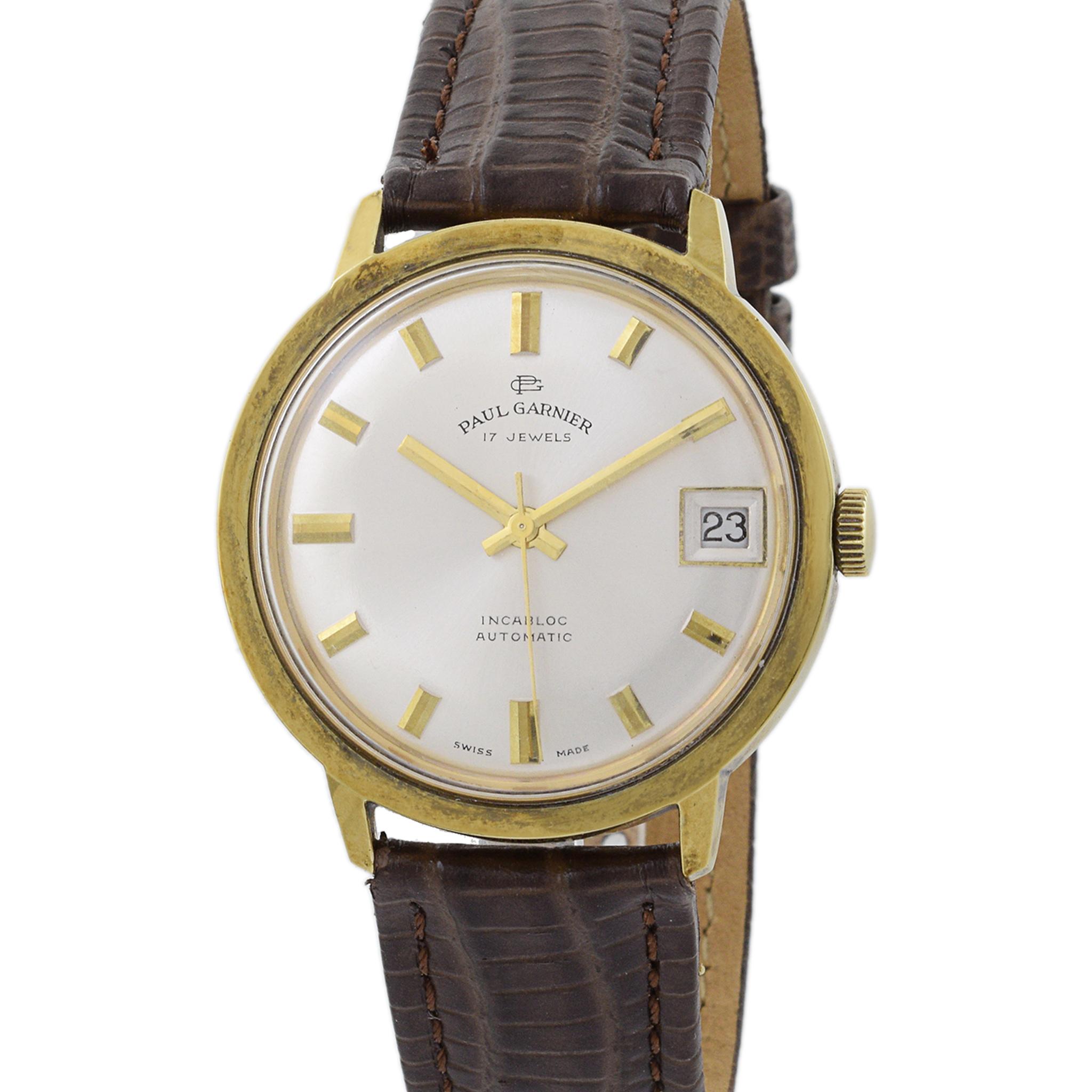 Paul Garnier Calatrava Date Automatic Rolle Gold Plate Bon état - En vente à New York, NY