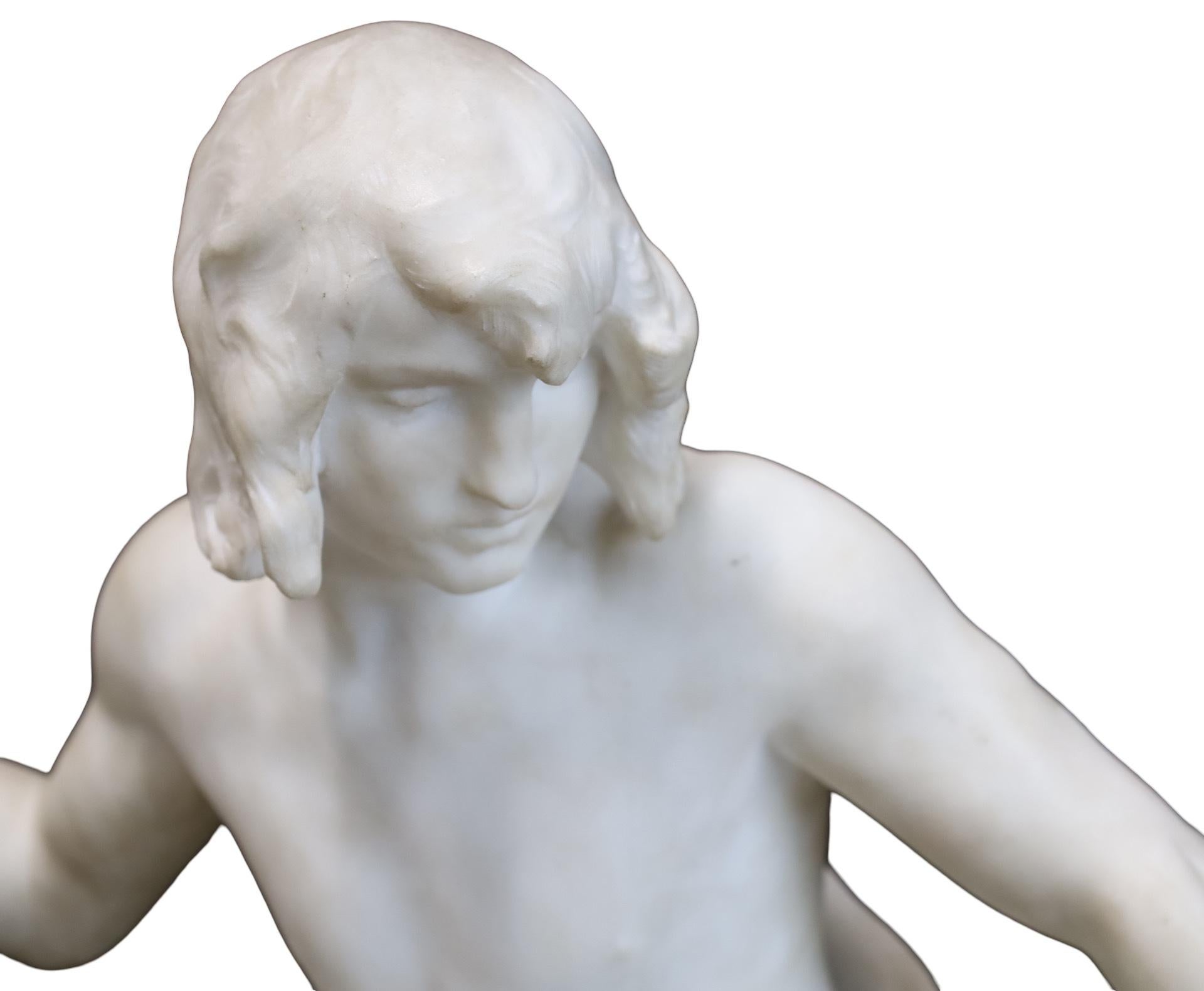 Large marble sculpture of a shepherd, by Paul Gasq (French, 1860-1944), the young man leaning against a stone plinth overseeing the his flock, a lamb underneath his foot, signed on reverse P. Gasq. 