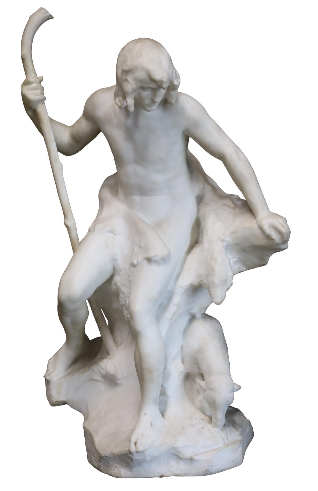 Hand-Carved Paul Gasq (French, 1860-1944) Marble Sculpture of Shepherd For Sale