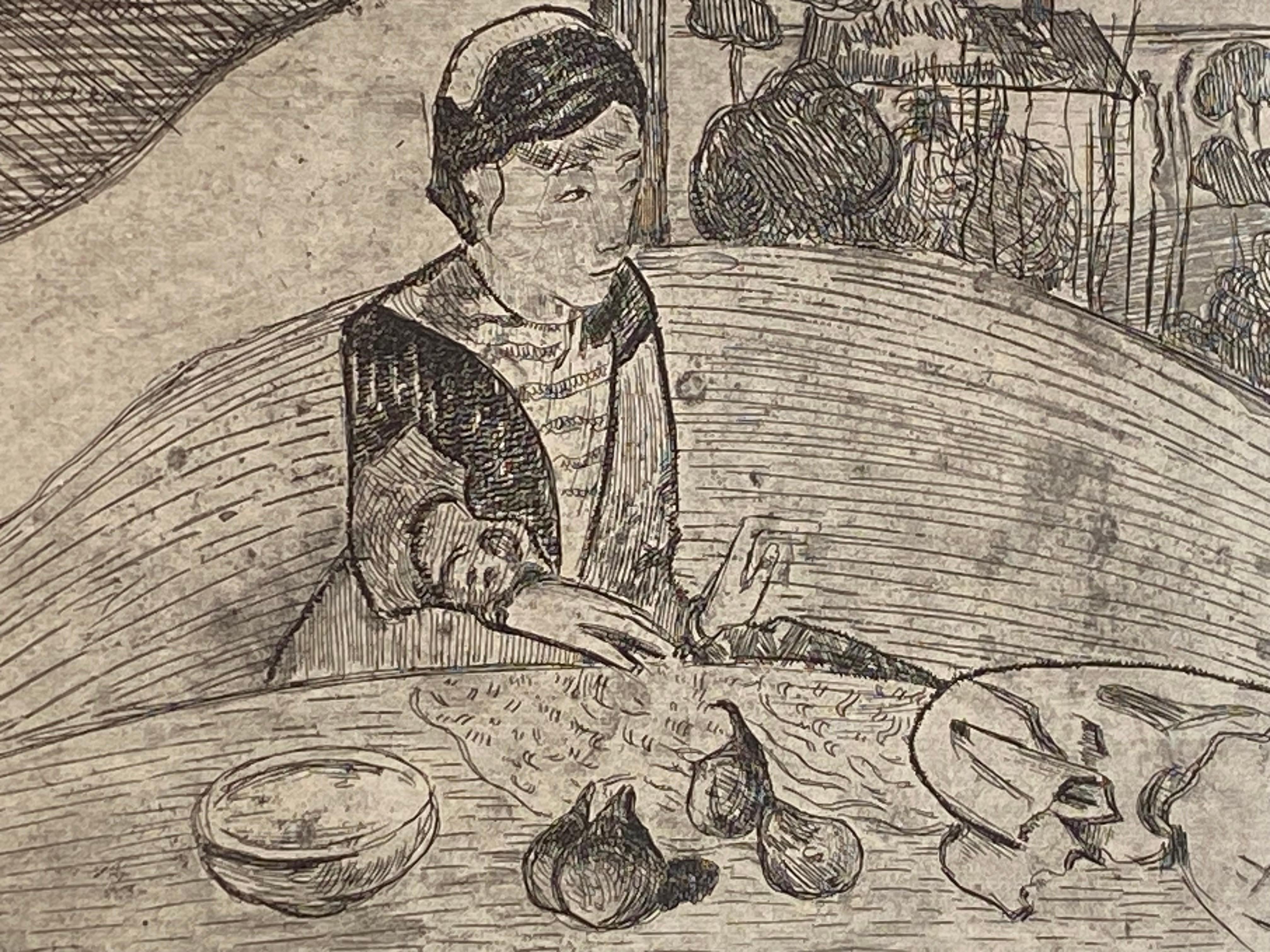 Original etching and lavis in black ink on Arches watermarked crème laid paper by Paul Gauguin. Titled: “La Femme aux Figues” (The Woman with Figs). This impression is from the 3rd state of three states (Kornfeld, 25 i/iii), after Madame Delatre,