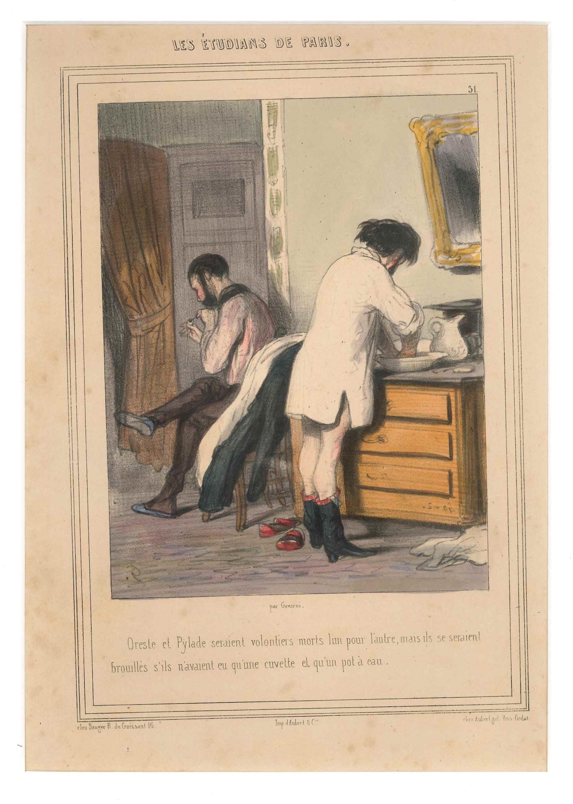 Paul Gavarni (Guillaume Sulpice Chevalier) Figurative Print - Les Étudians de Paris - Original Lithograph by Paul Gavarni - 1847