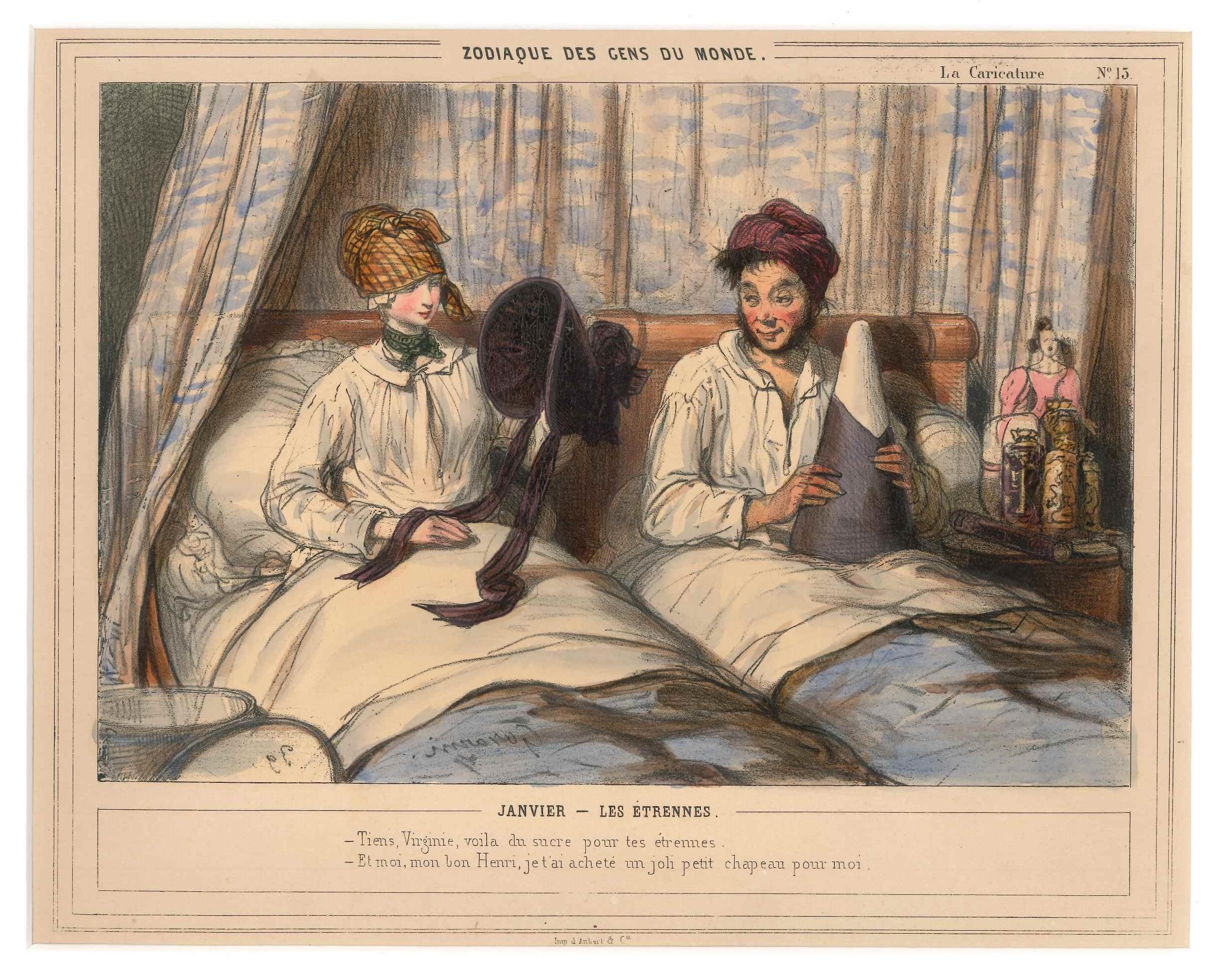 Paul Gavarni (Guillaume Sulpice Chevalier) Figurative Print - Zodiaque des Gens du Monde- Lithograph by Paul Gavarni - First Half of 1800